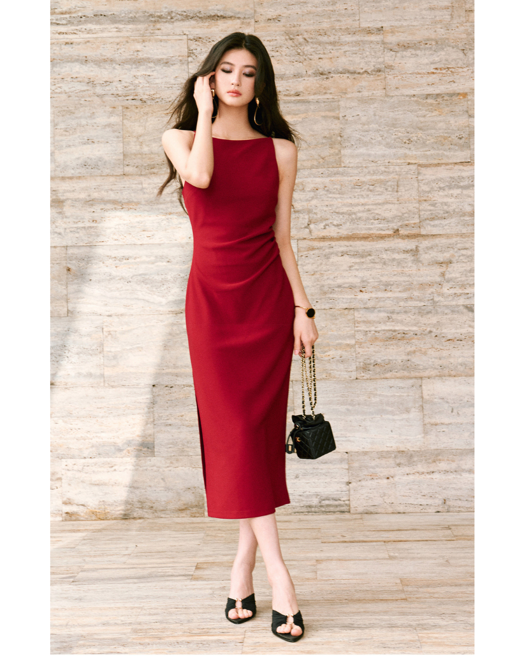 Mulberry Silk Off-the-Shoulder Tank Dress - Slim Fit with Pleated Details
