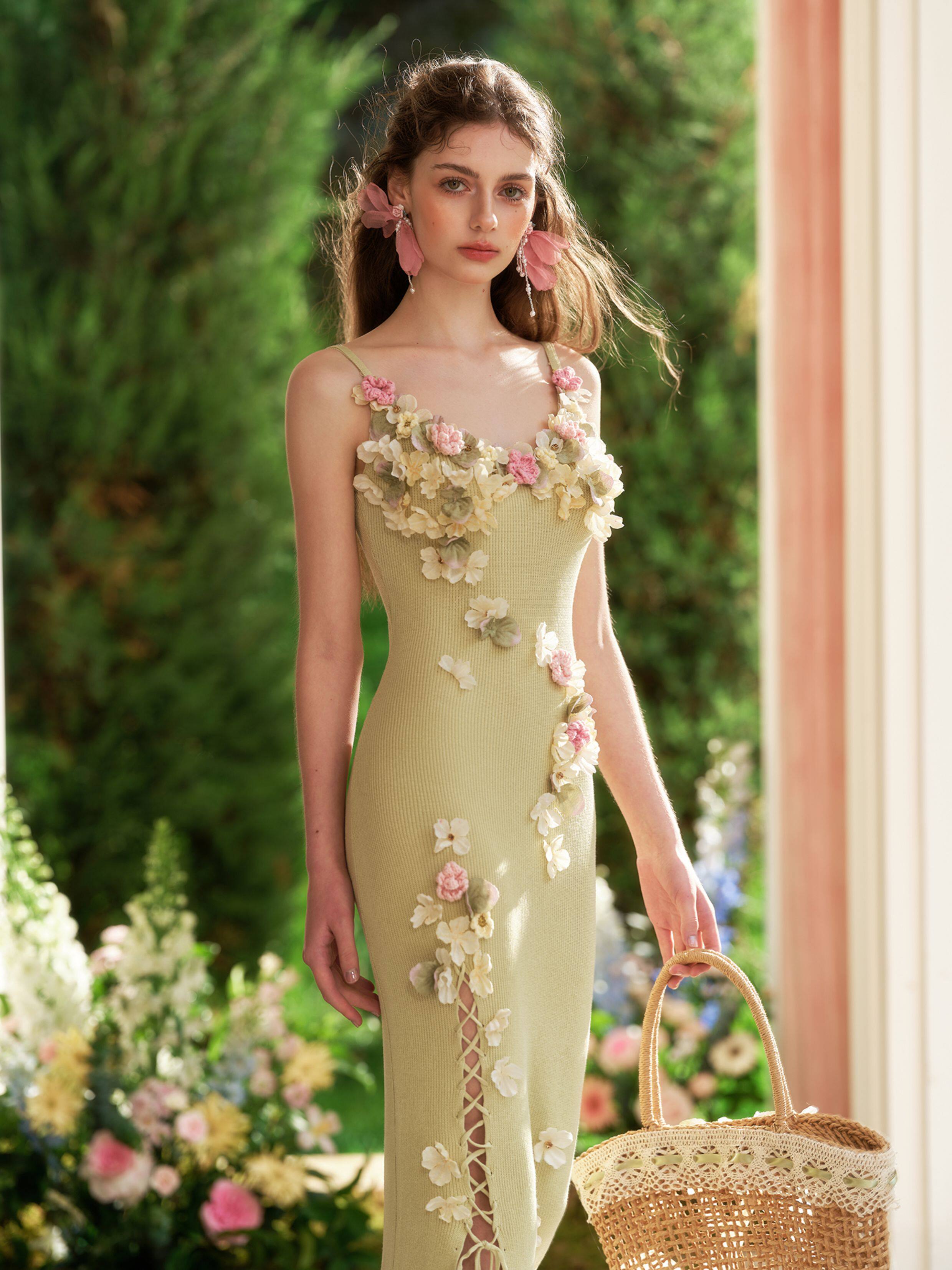 Lace Dress - Green Floral Knitted Slit Design – OIDRO