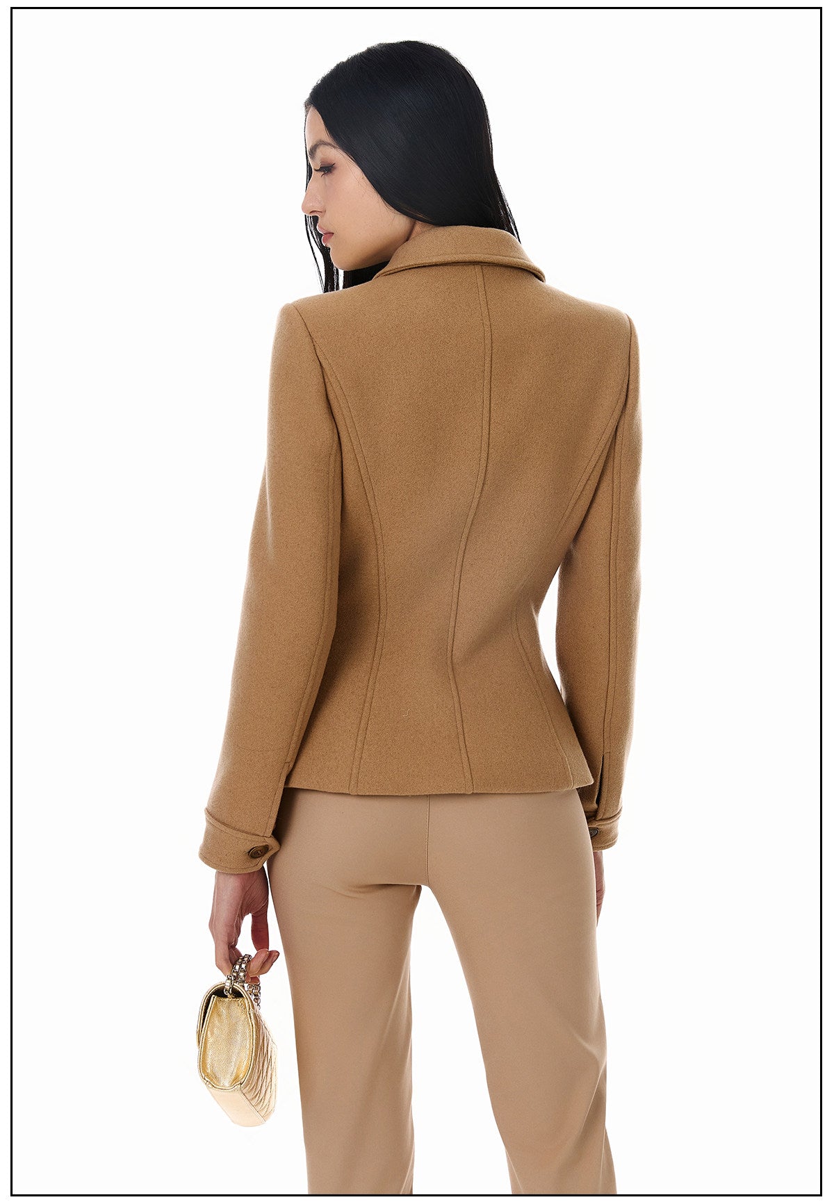 Wool Blend Coat - Elegant Camel Double-Breasted Design