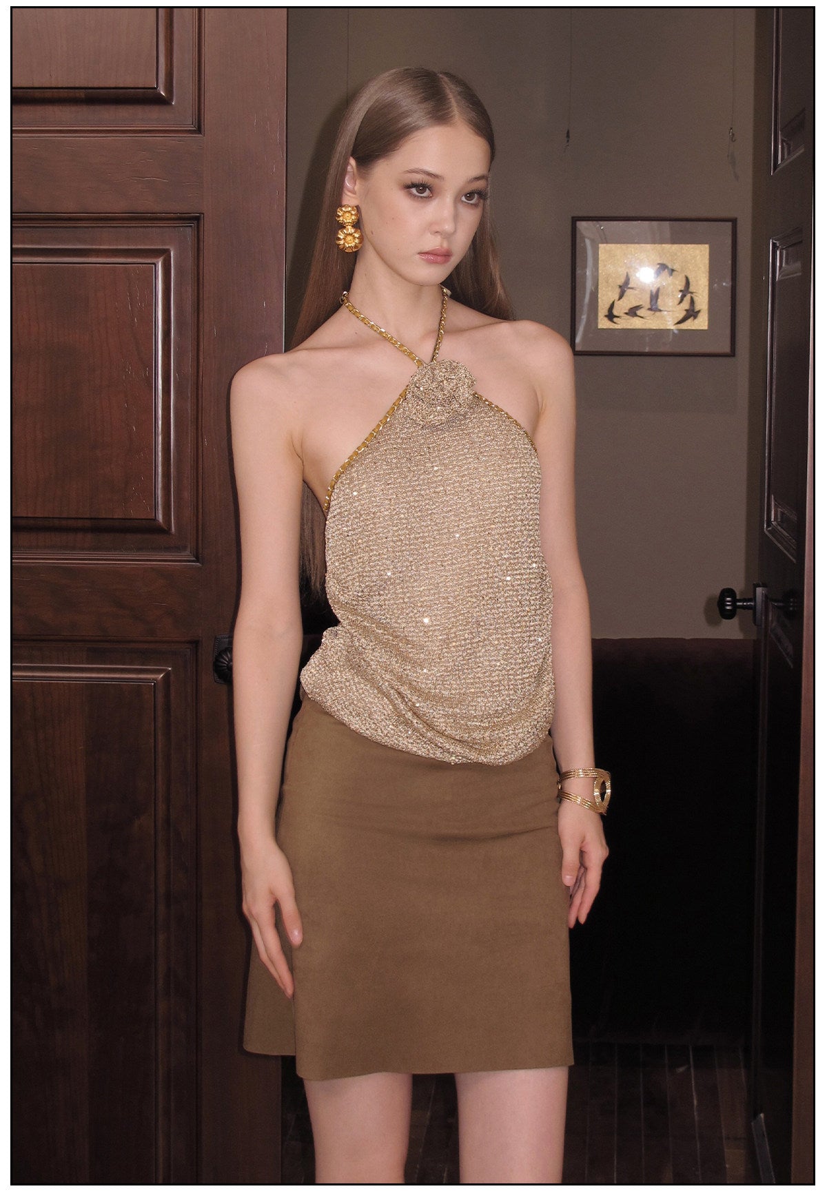 Viscose Halter Neck Top with Rose Embellishments