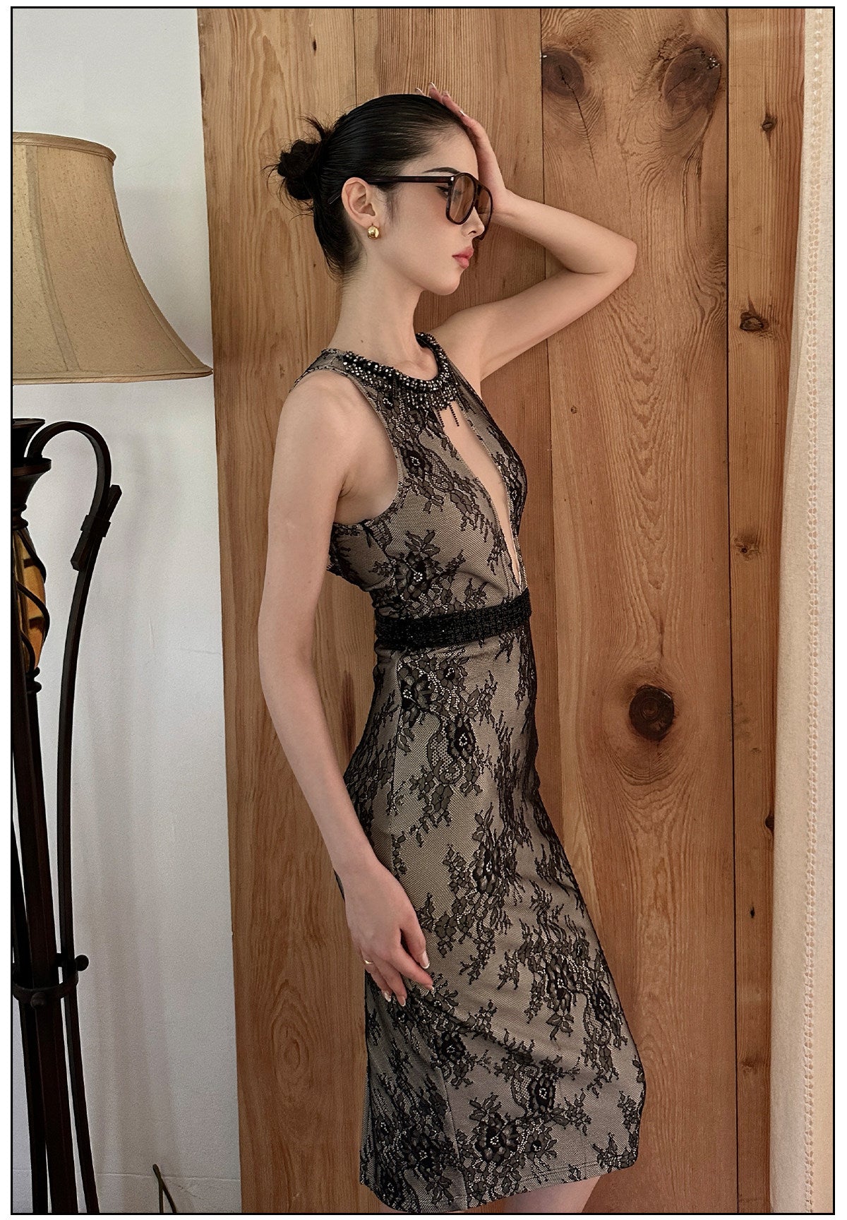 Lace Embroidered Black Dress - Elegant Mid-Length Design