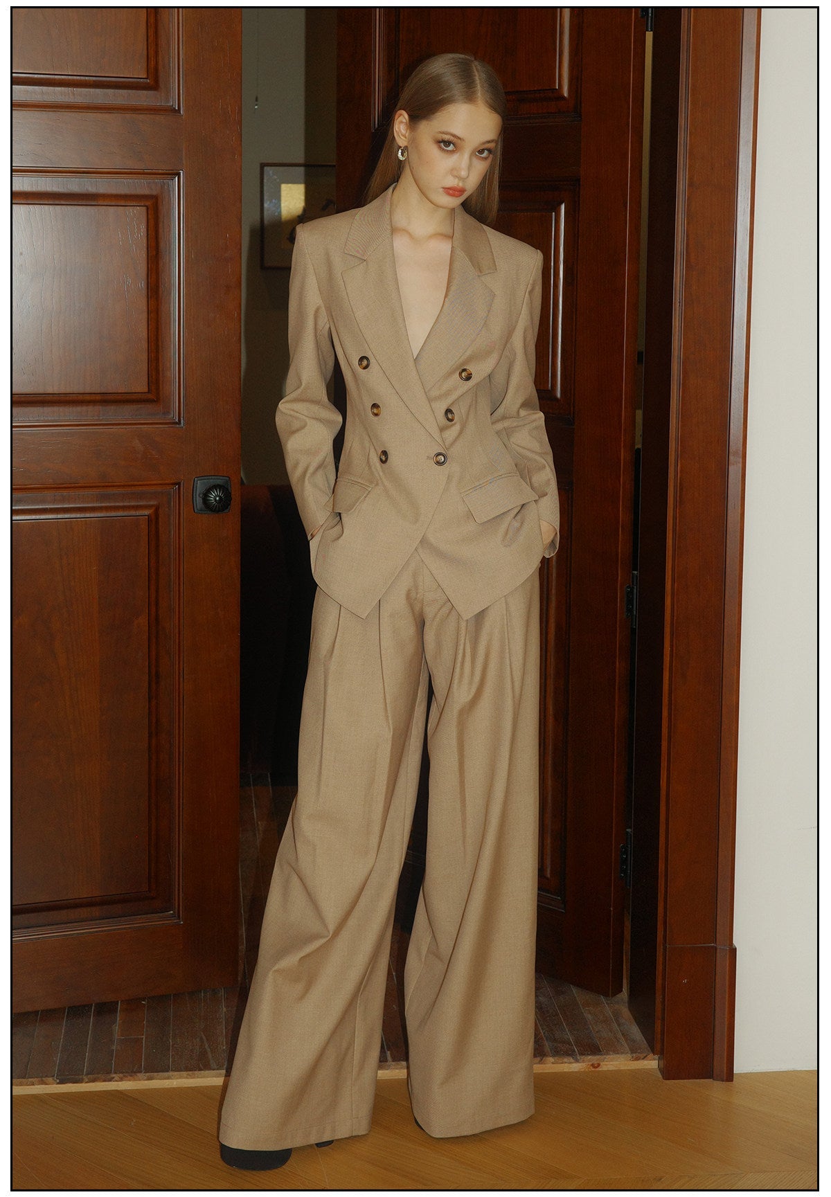 Khaki Viscose Set - Classic Shoulder-Padded Coat and Tailored Pants