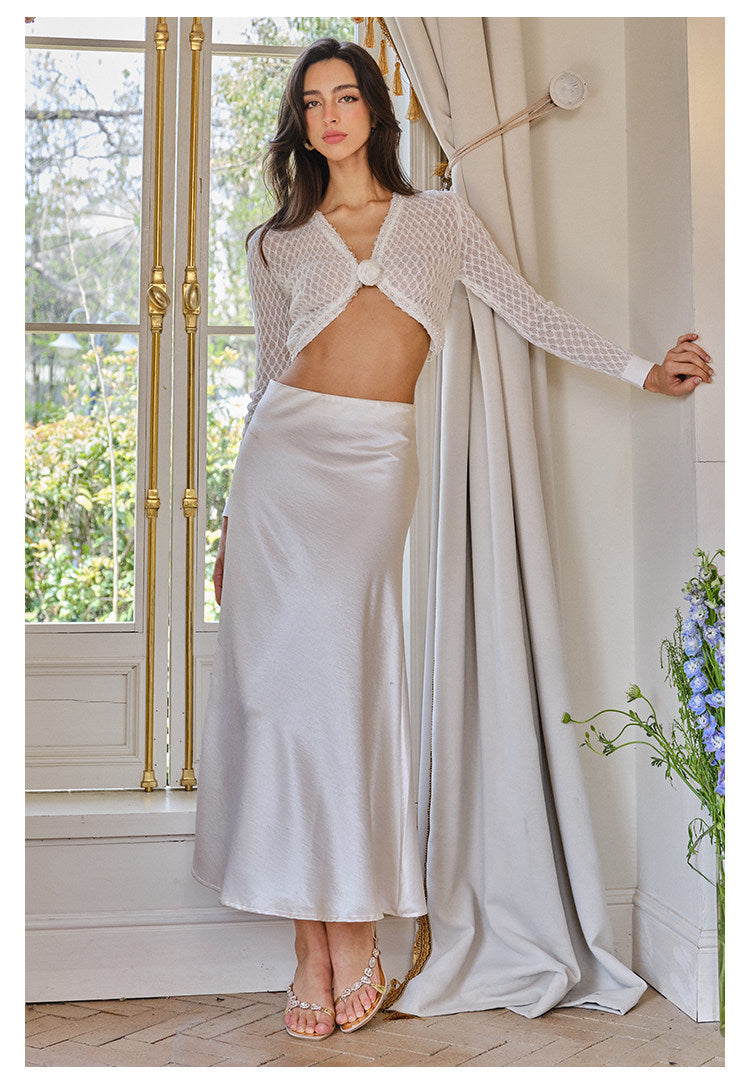 Lace Knit Top and Skirt Set with Brooch
