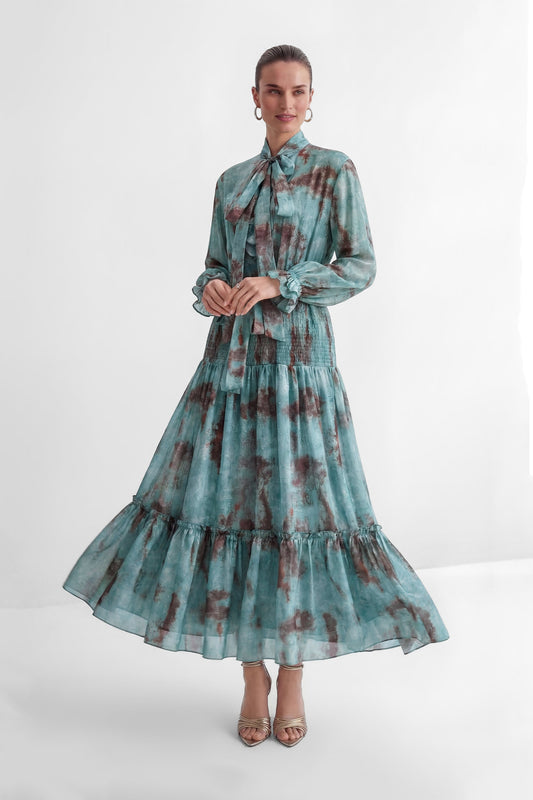 Elena Teal Printed Tiered Ruffle Maxi Dress with Flair