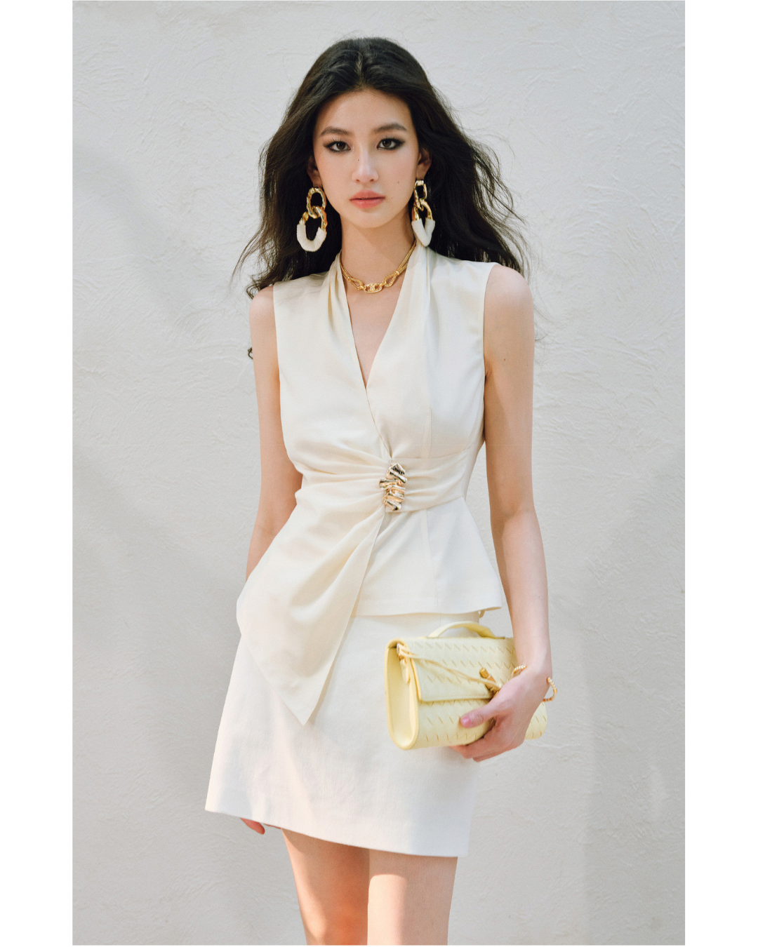 Viscose Sleeveless Top - Overlap V Collar with Pleating