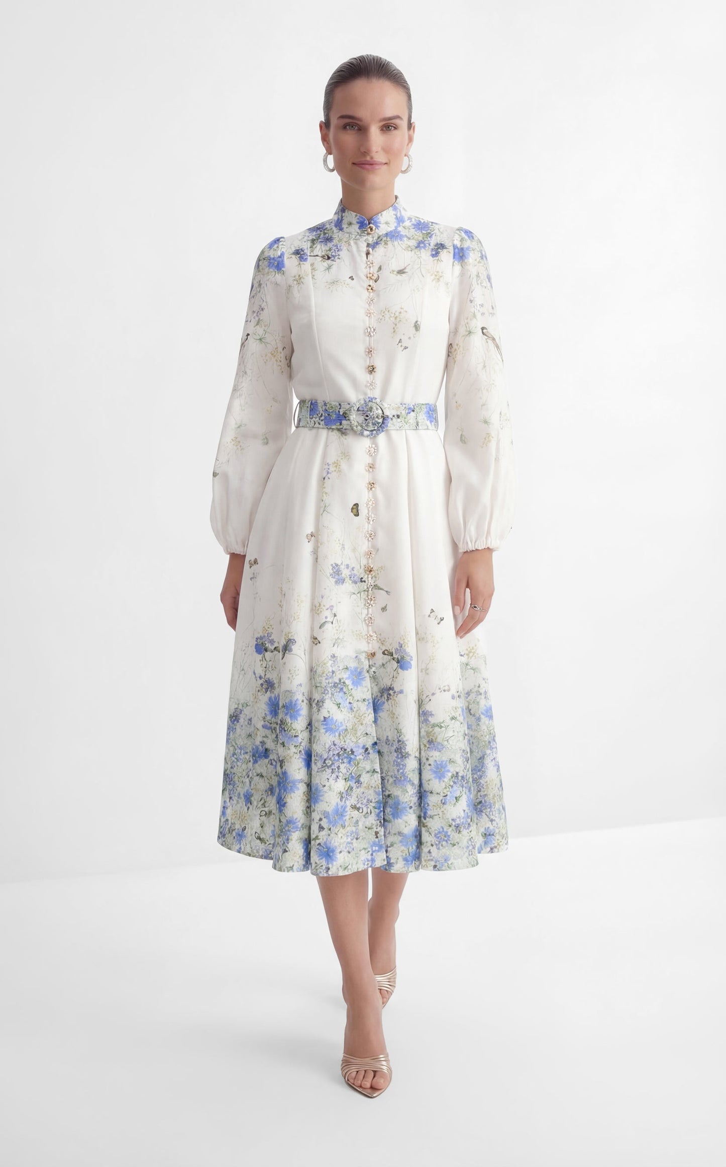 Nadia Exquisite White Floral Print Balloon Sleeve Maxi Dress