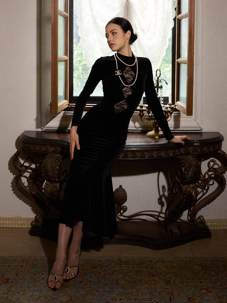 Velvet Dress with Lace Overlay - Elegant Long Dress