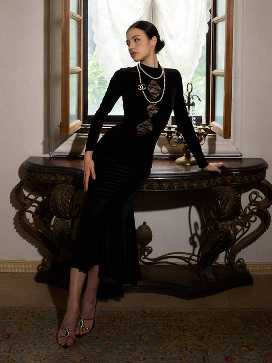 Velvet Dress with Lace Overlay - Elegant Long Dress