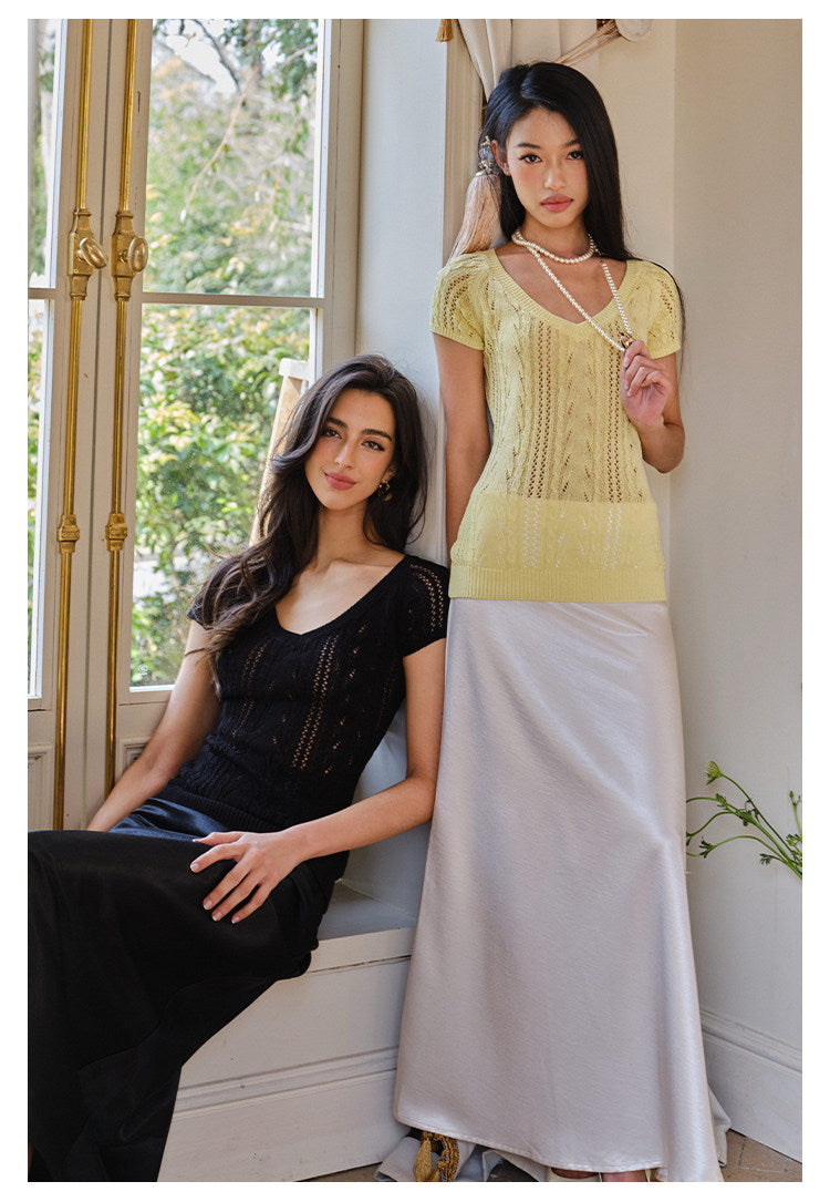 Knitted V-Neck Top - Elegant Cable Knit Design