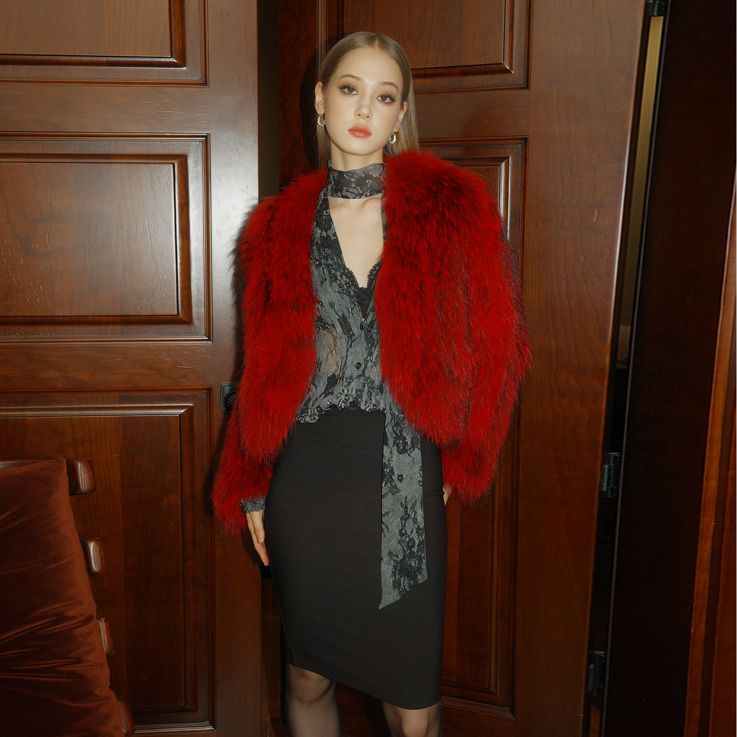 Faux Fur Coat - Red Short Design
