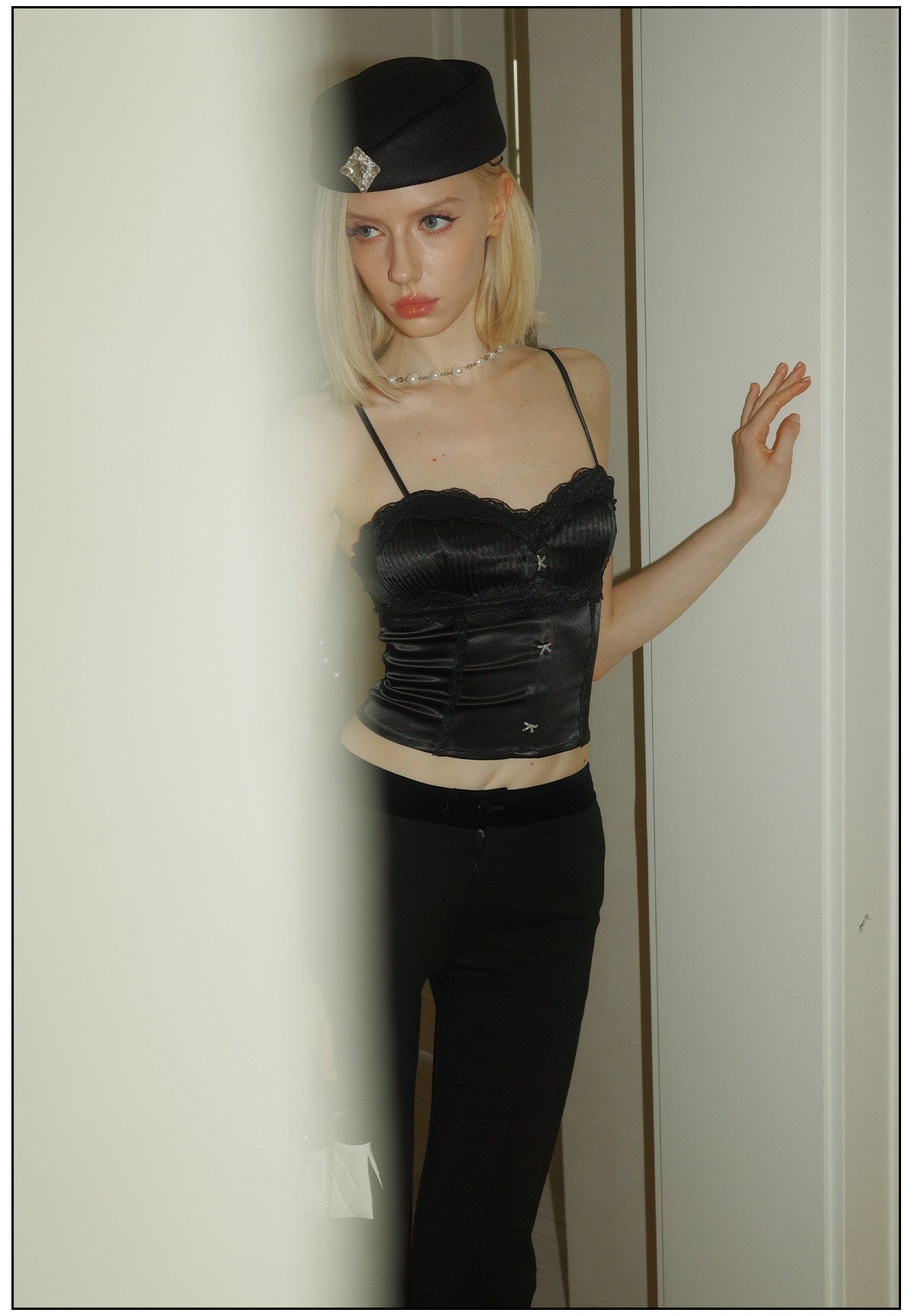 Satin Camisole Top with Fishbone Lace Design