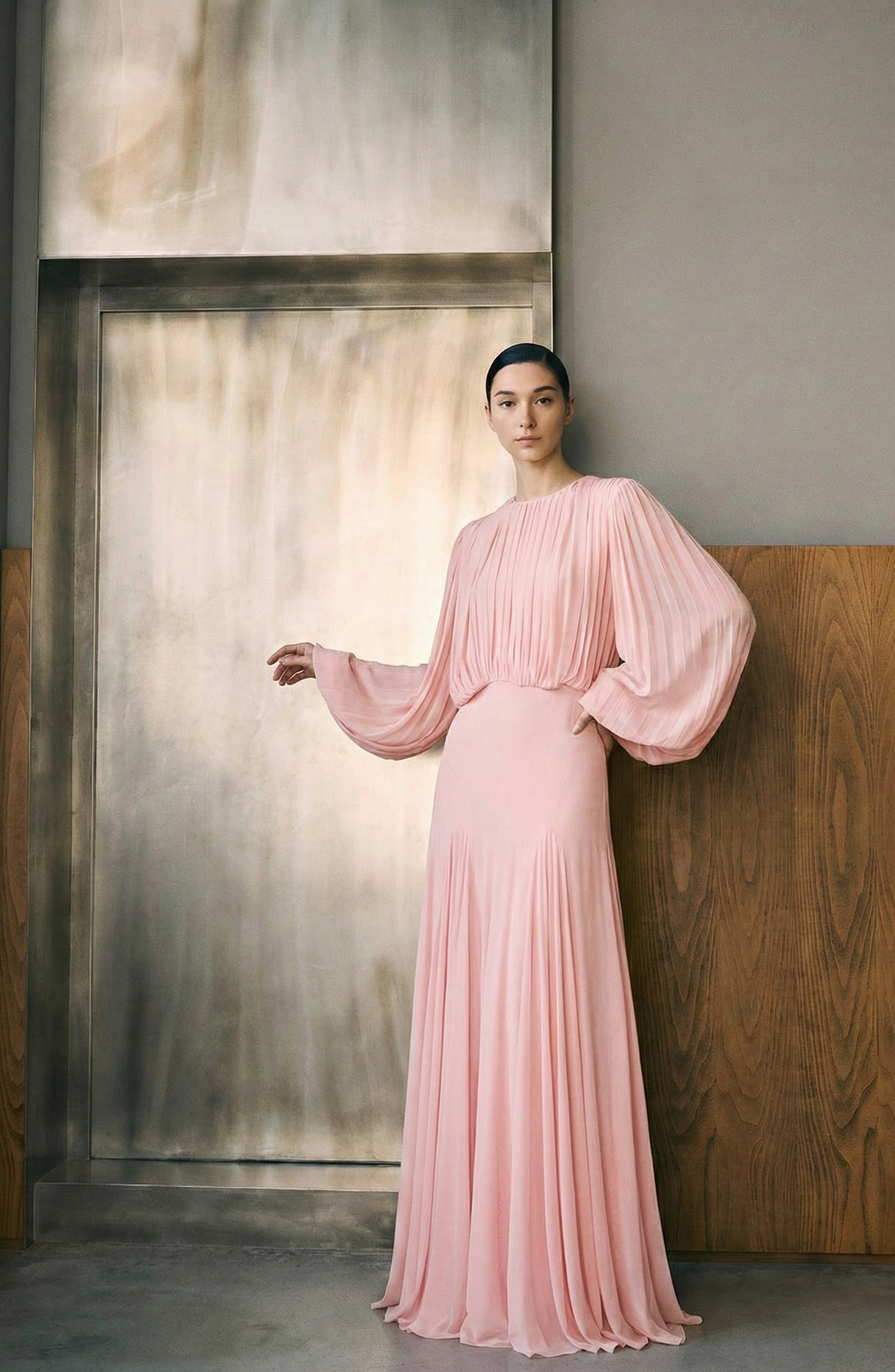 Polyester Long Dress with Pleated Patchwork and Waist-Cinching Design