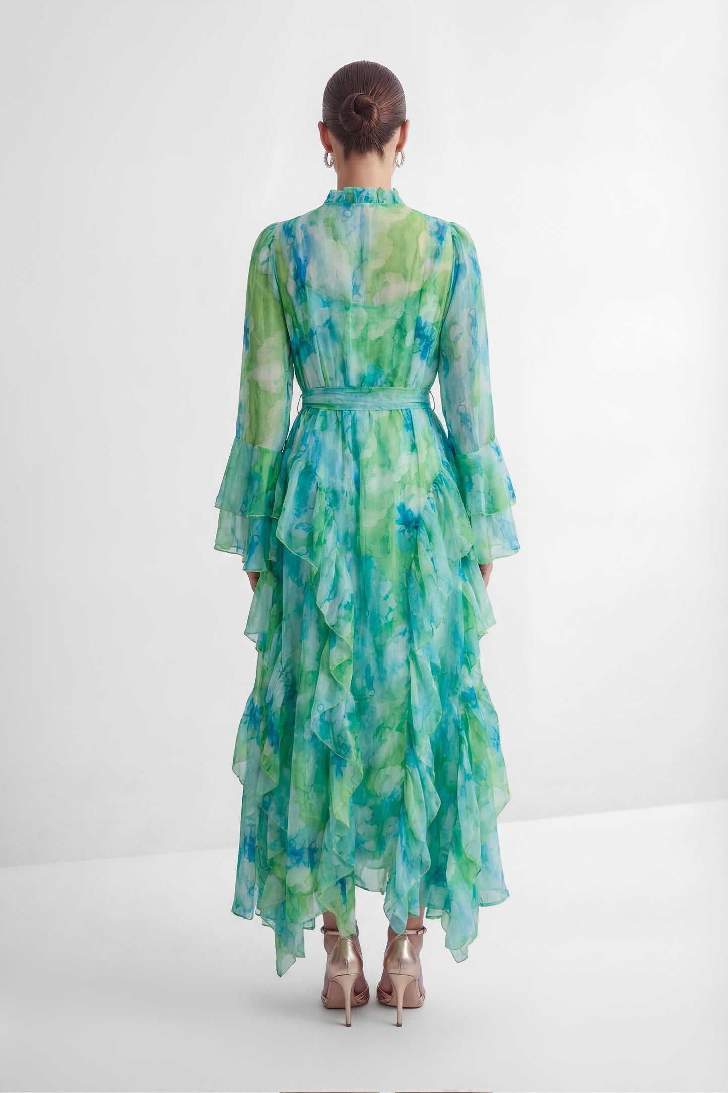 Selene Mint Green Abstract Print Tiered Ruffle Maxi Dress
