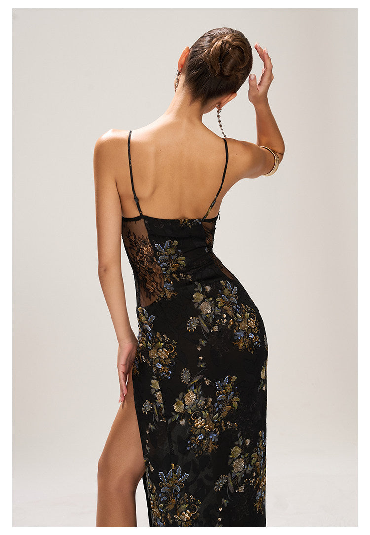 Polyester Long Dress with Lace Design