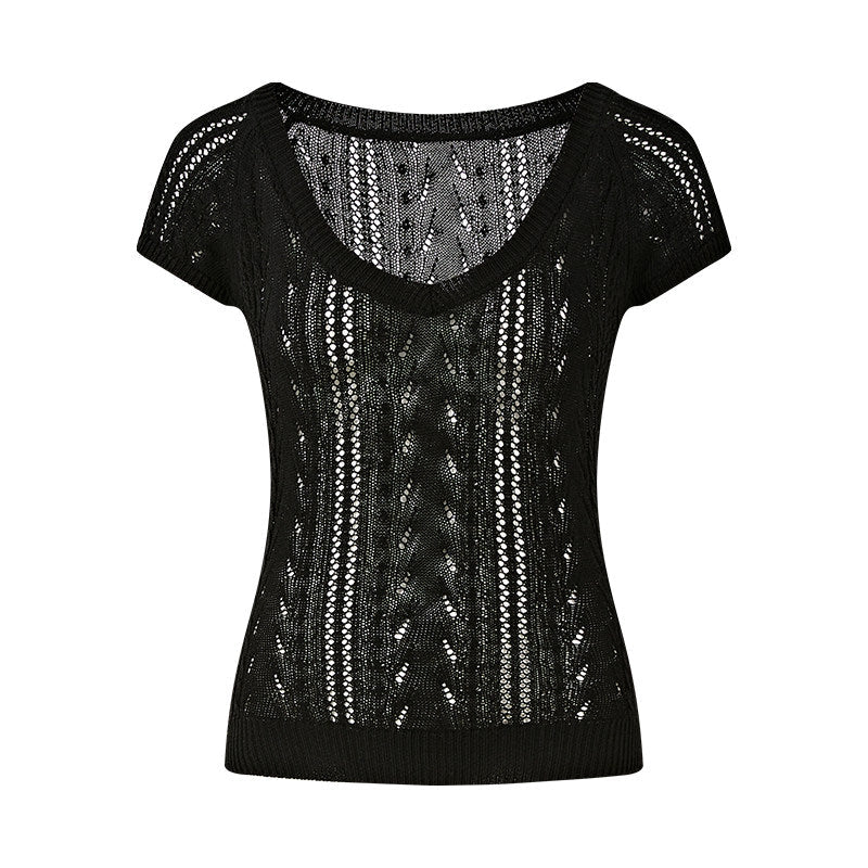 Knitted V-Neck Top - Elegant Cable Knit Design