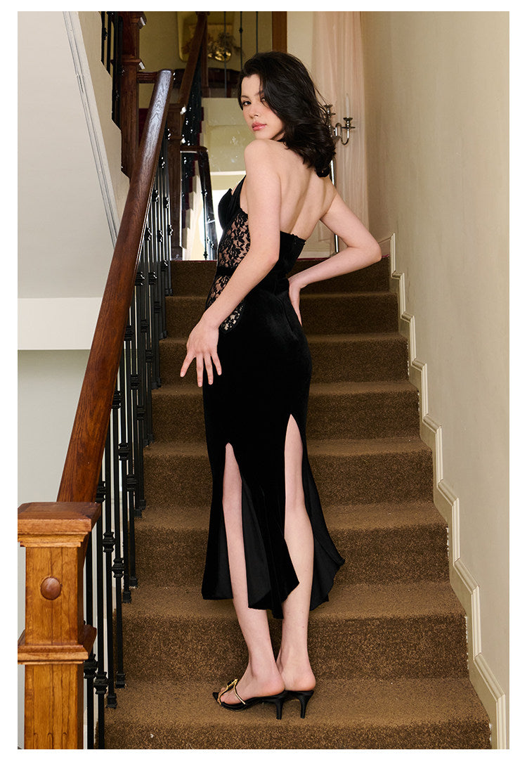 Velvet Lace Dress - Elegant Halter Neck