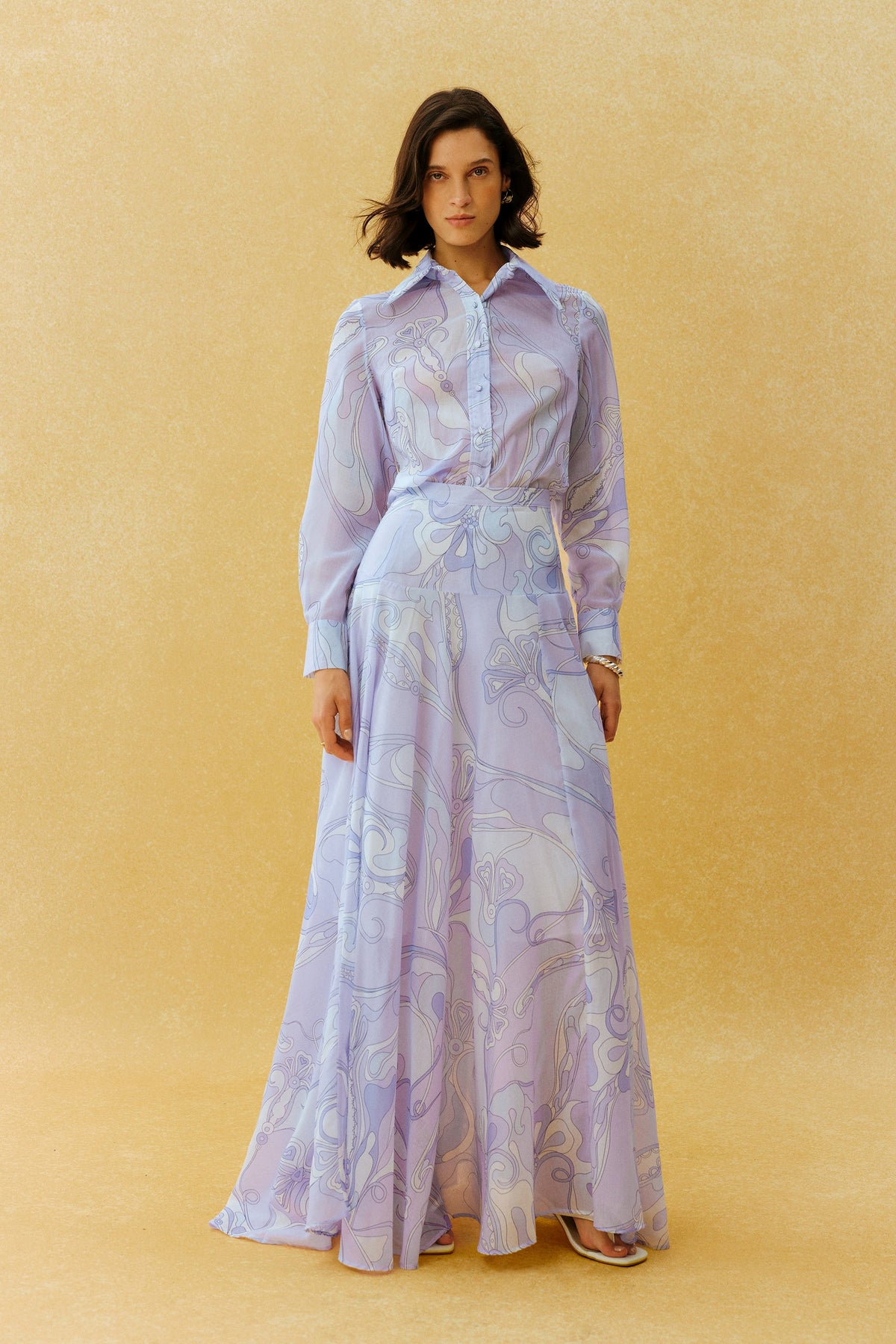 Purple Abstract Print Woven Pointed Collar Long-Sleeve Shirt & Maxi Skirt Set