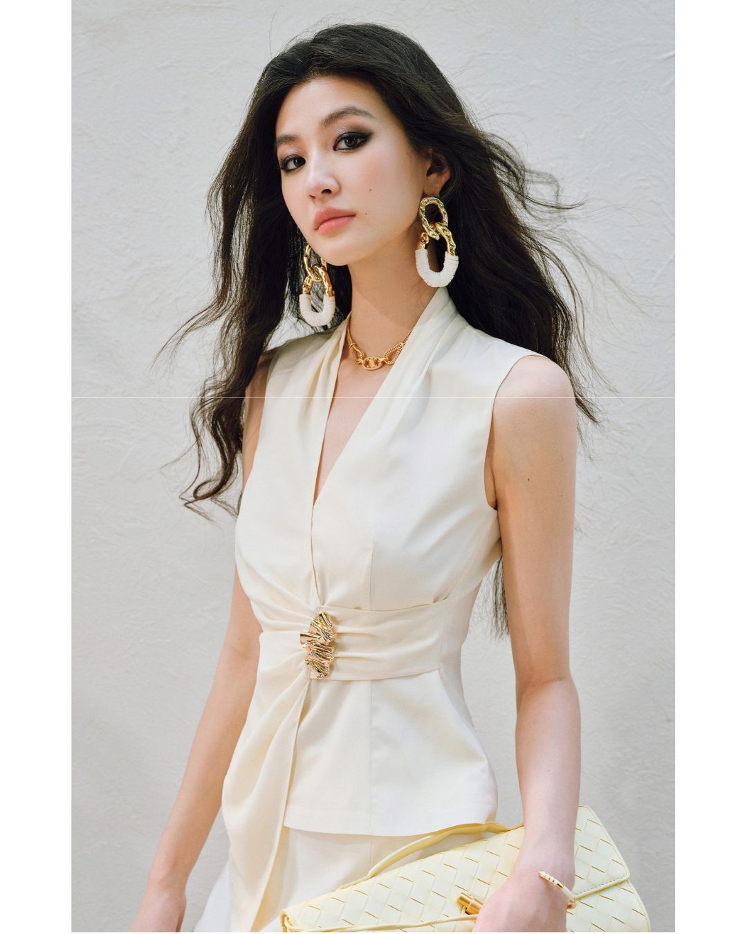 Viscose Sleeveless Top - Overlap V Collar with Pleating