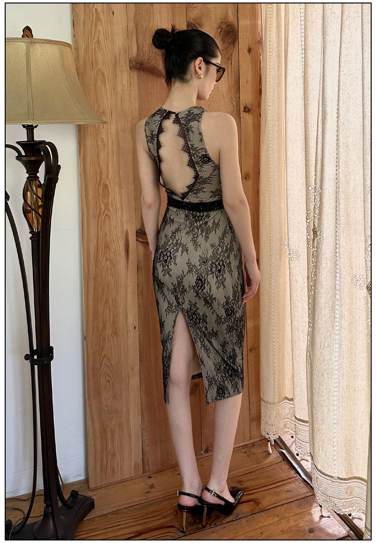 Lace Embroidered Black Dress - Elegant Mid-Length Design