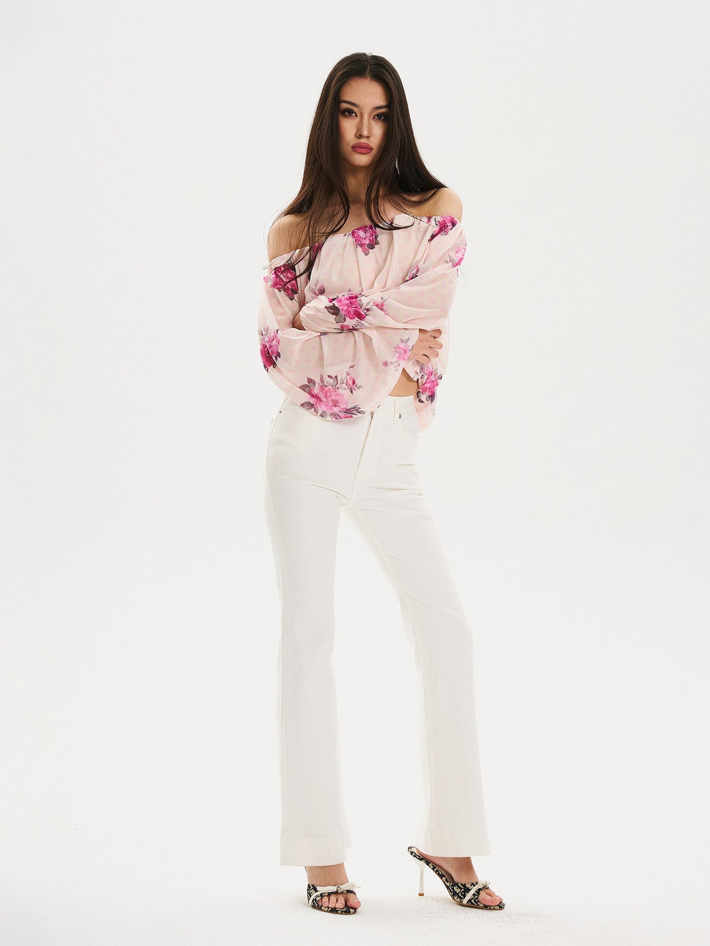 Viscose Off-Shoulder Top with Puff Sleeves