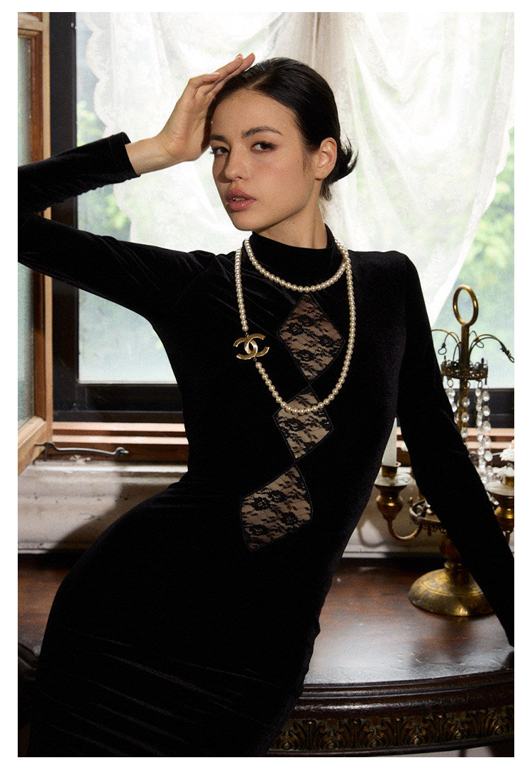 Velvet Dress with Lace Overlay - Elegant Long Dress