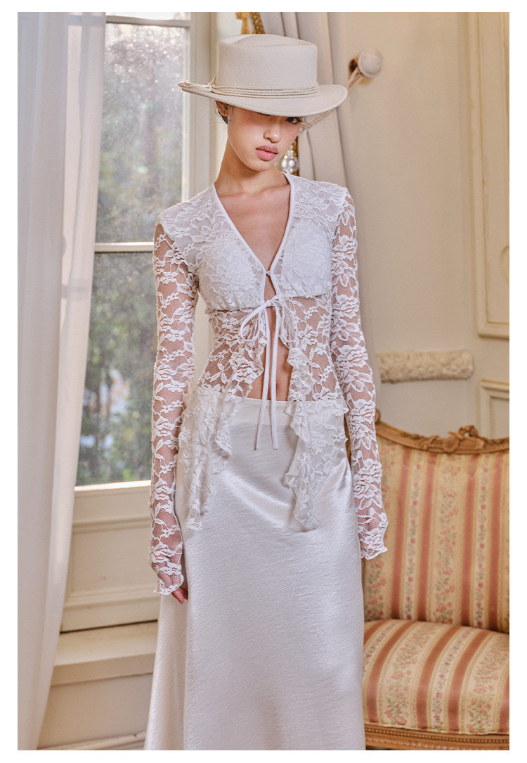 Lace Knitted Top with V-Neck Design