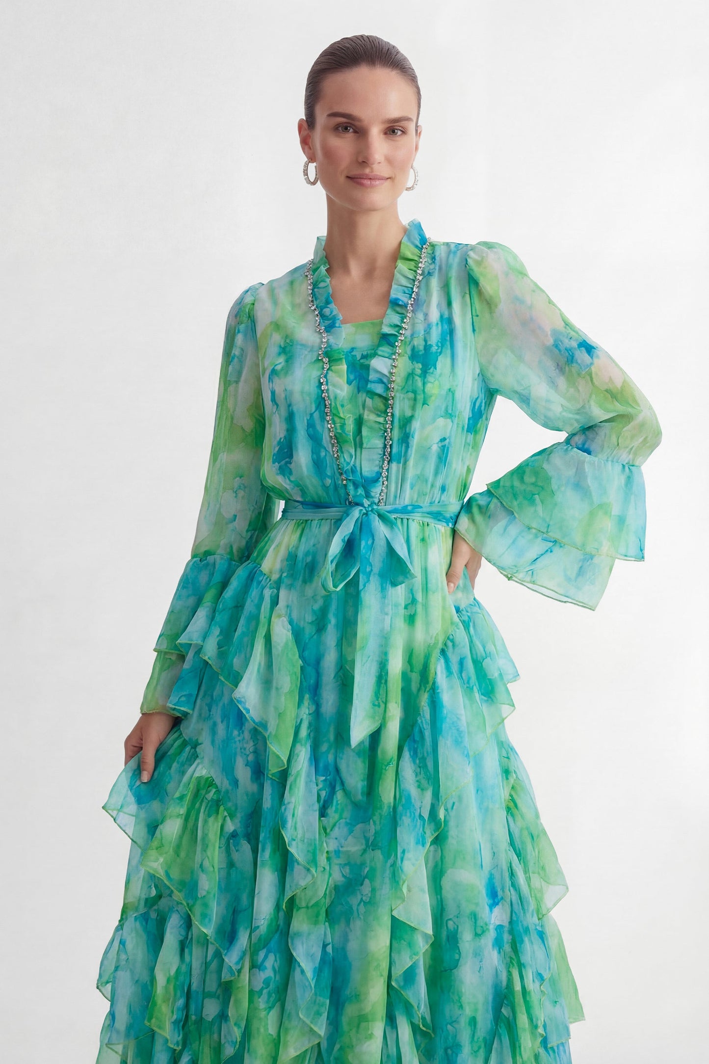 Selene Mint Green Abstract Print Tiered Ruffle Maxi Dress