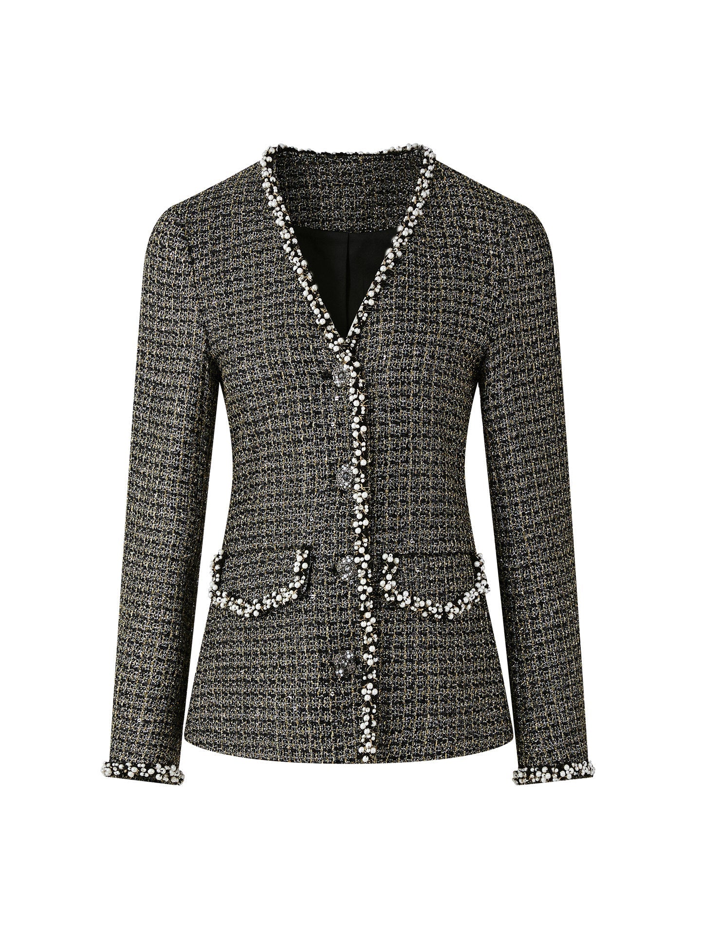Tweed Short Coat with Pearl Embellishments