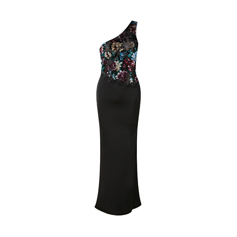 Velvet Dress with Floral Print and Off-Shoulder Design