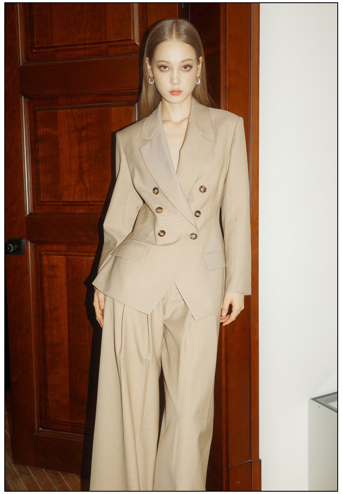 Khaki Viscose Set - Classic Shoulder-Padded Coat and Tailored Pants