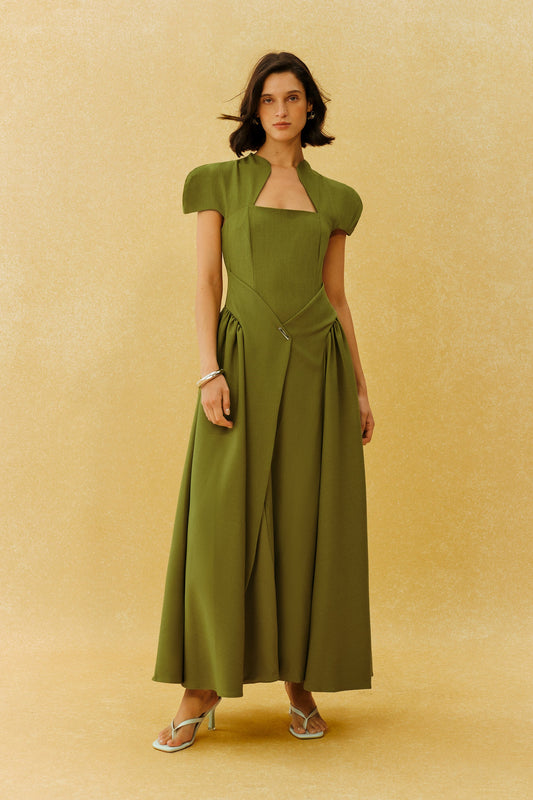 Green Metal Accent Cap-Sleeve Notched Square-Neck Formal Maxi Dress
