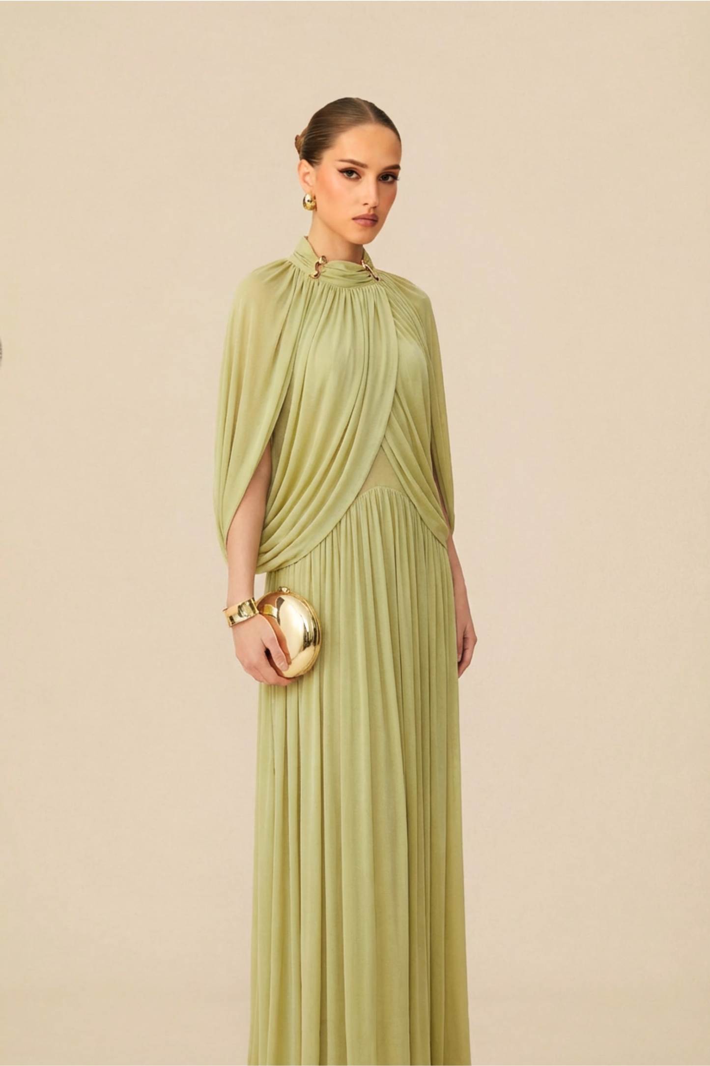 Rowan Green Draped Cape Sleeve Knit Maxi Dress