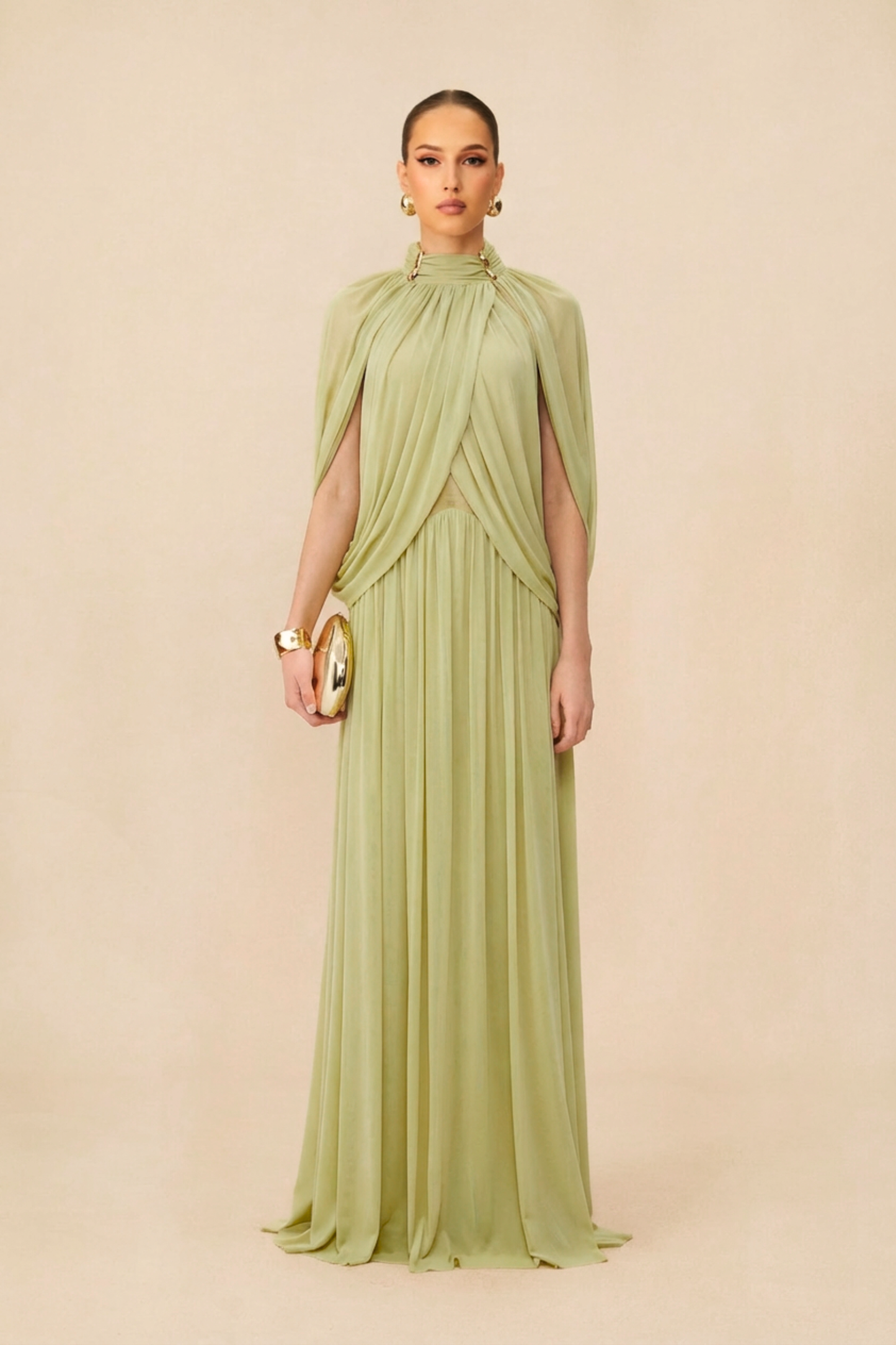 Rowan Green Draped Cape Sleeve Knit Maxi Dress