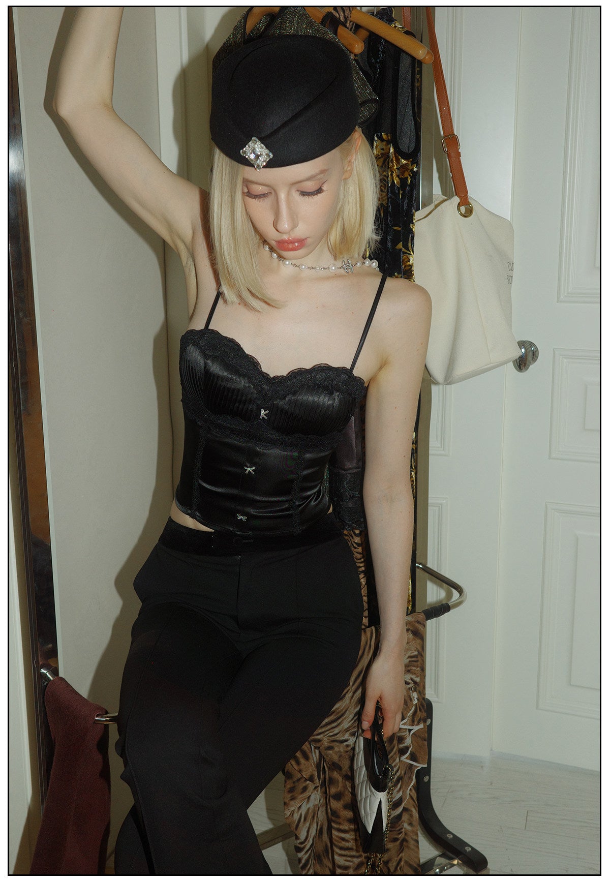Satin Camisole Top with Fishbone Lace Design