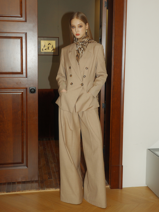 Khaki Viscose Set - Classic Shoulder-Padded Coat and Tailored Pants