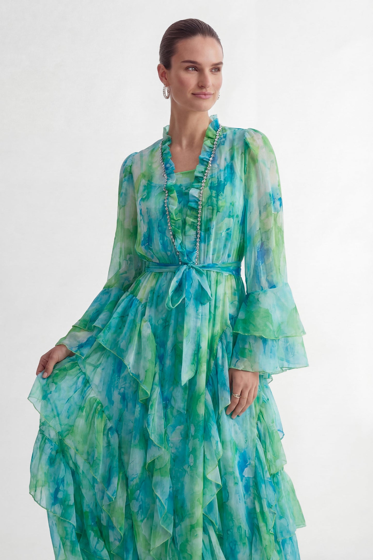 Selene Mint Green Abstract Print Tiered Ruffle Maxi Dress