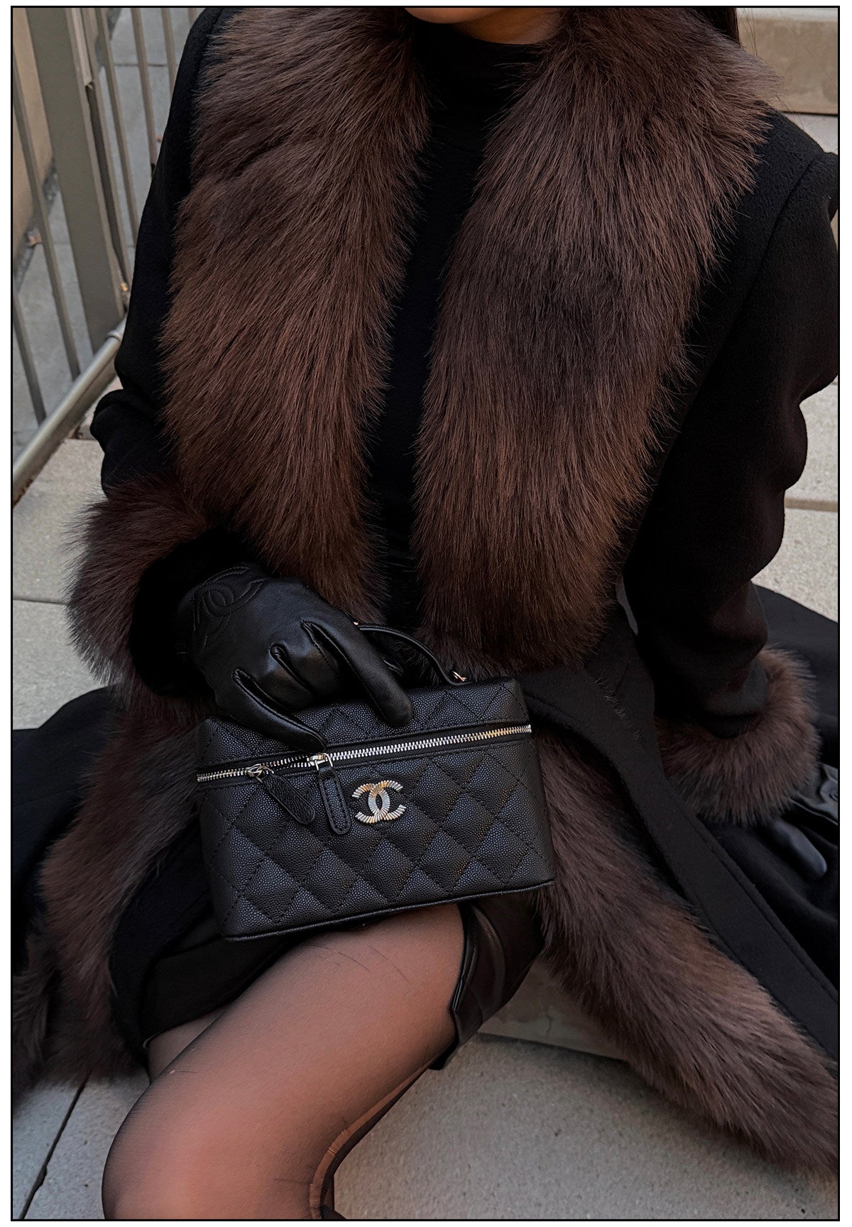 Wool Blend Long Coat with Faux Fur Collar