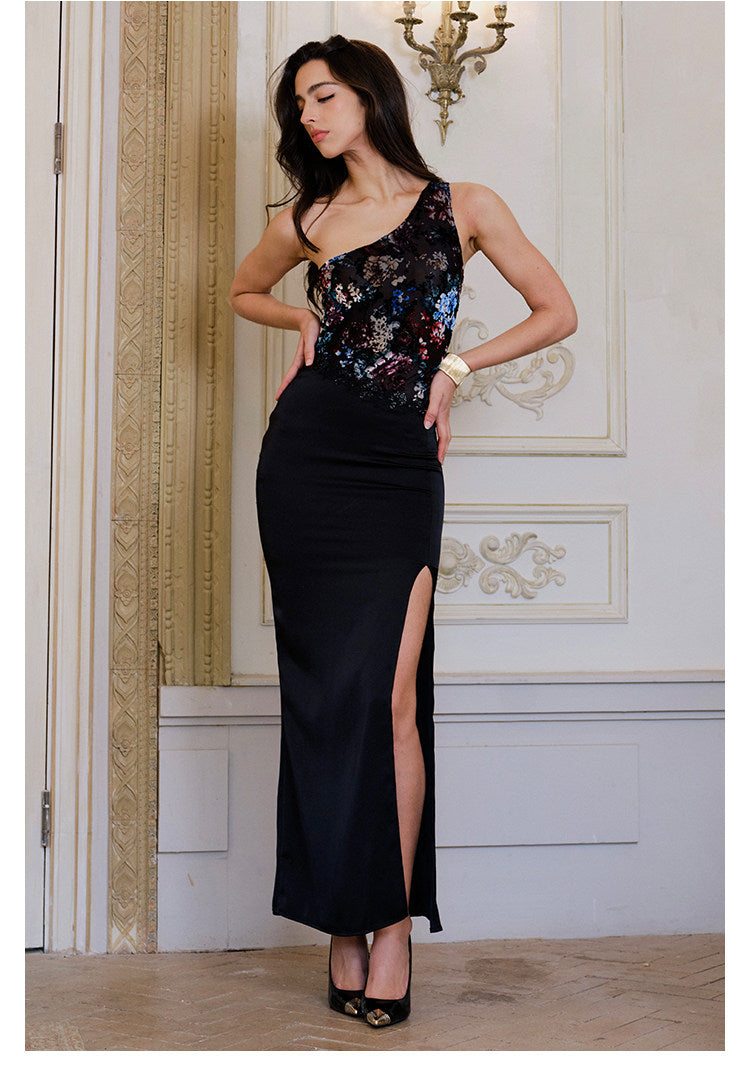 Velvet Dress with Floral Print and Off-Shoulder Design