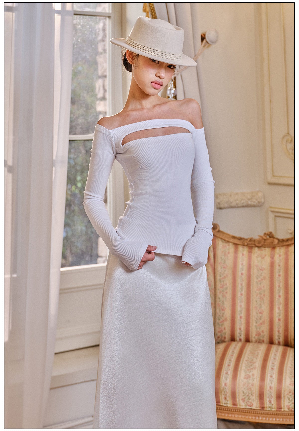 Mulberry Silk Off-Shoulder Long Sleeve Top