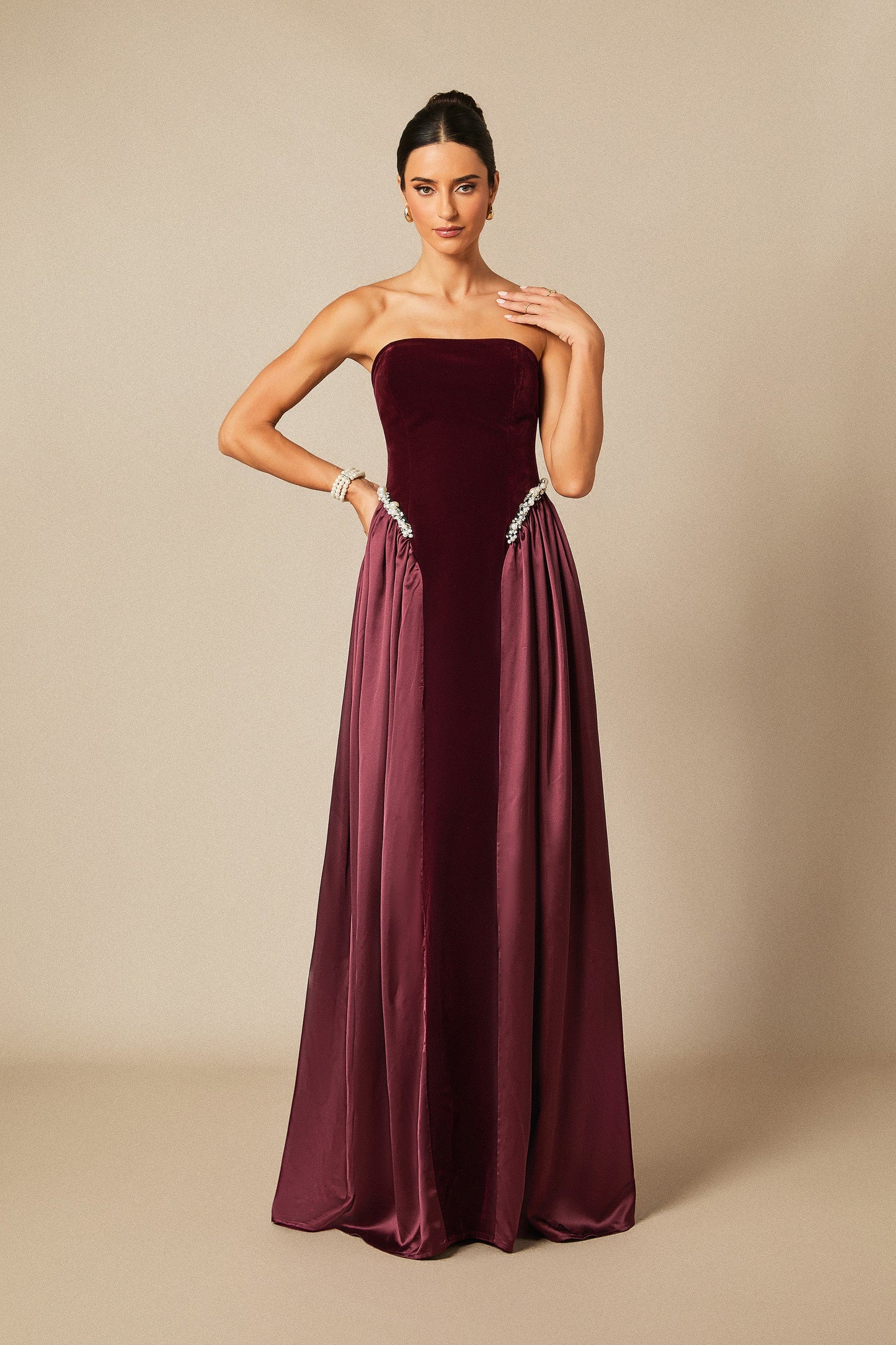 Thea Exquisite Strapless Pearl Embellished Velvet Maxi Dress