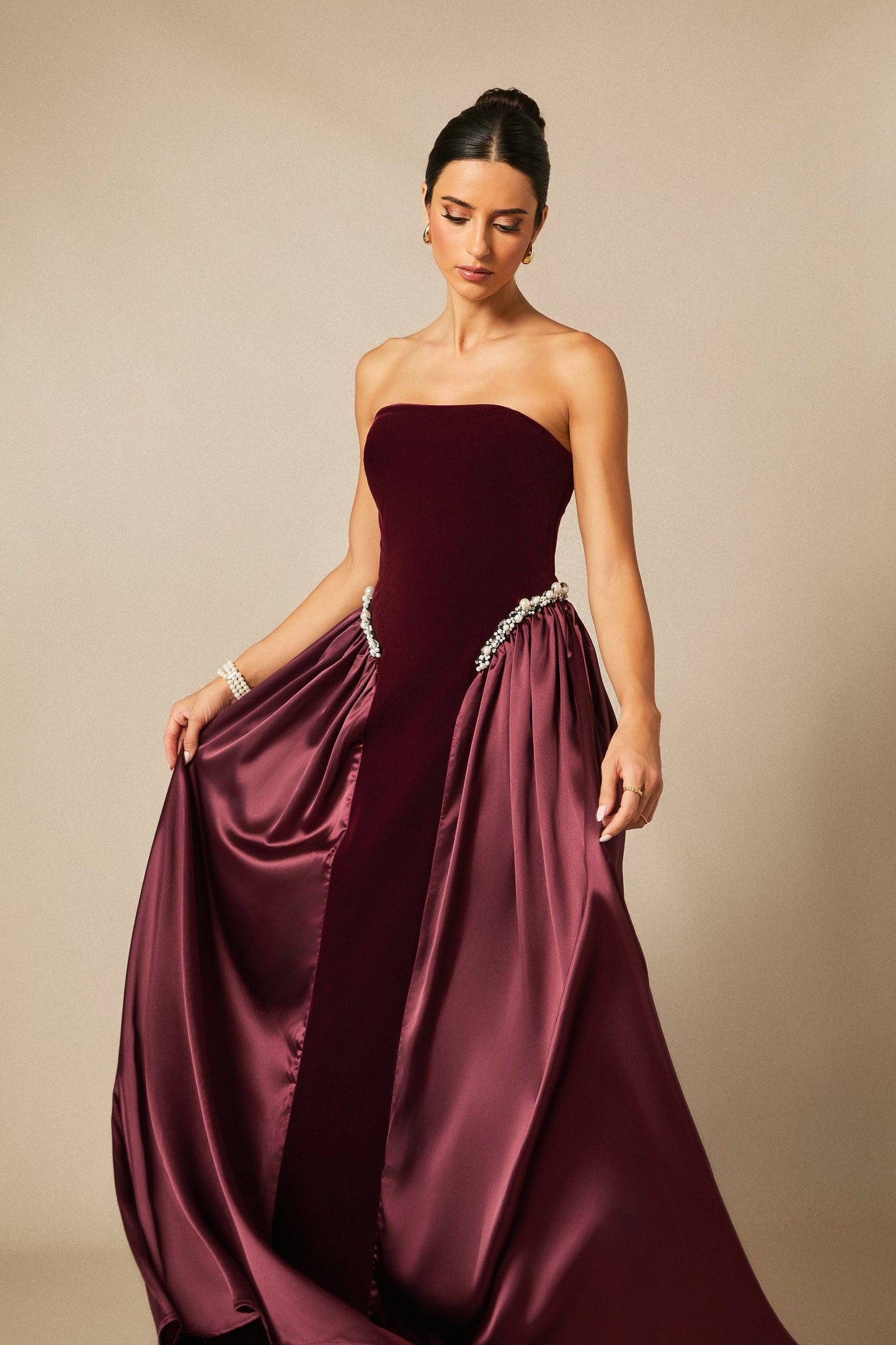 Thea Exquisite Strapless Pearl Embellished Velvet Maxi Dress