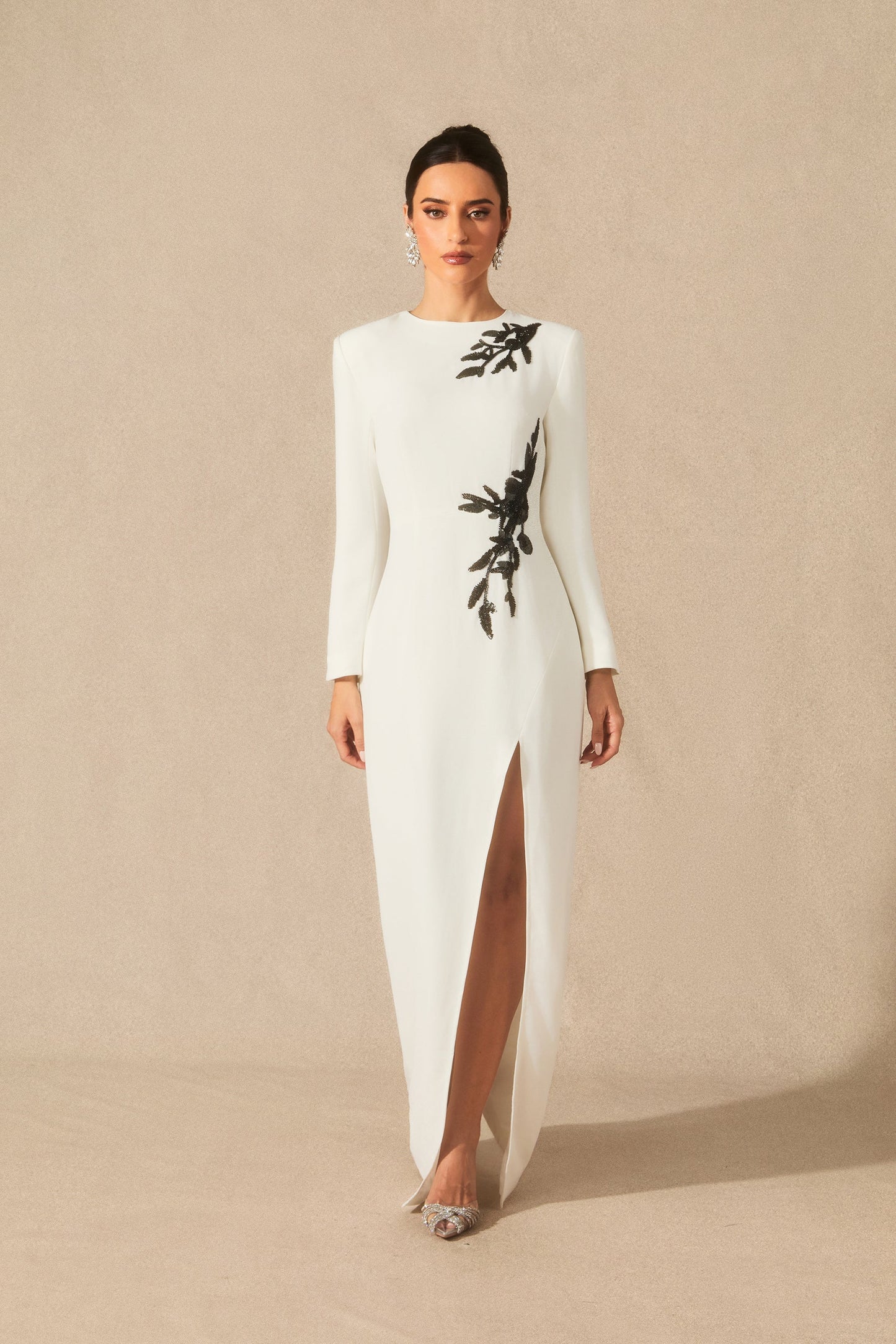 Rowan Stunning Long Sleeve Beaded Maxi Dress with Slit Detail