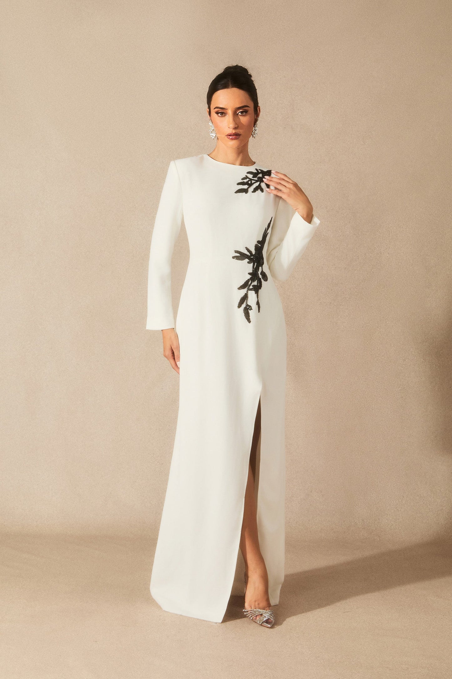 Rowan Stunning Long Sleeve Beaded Maxi Dress with Slit Detail