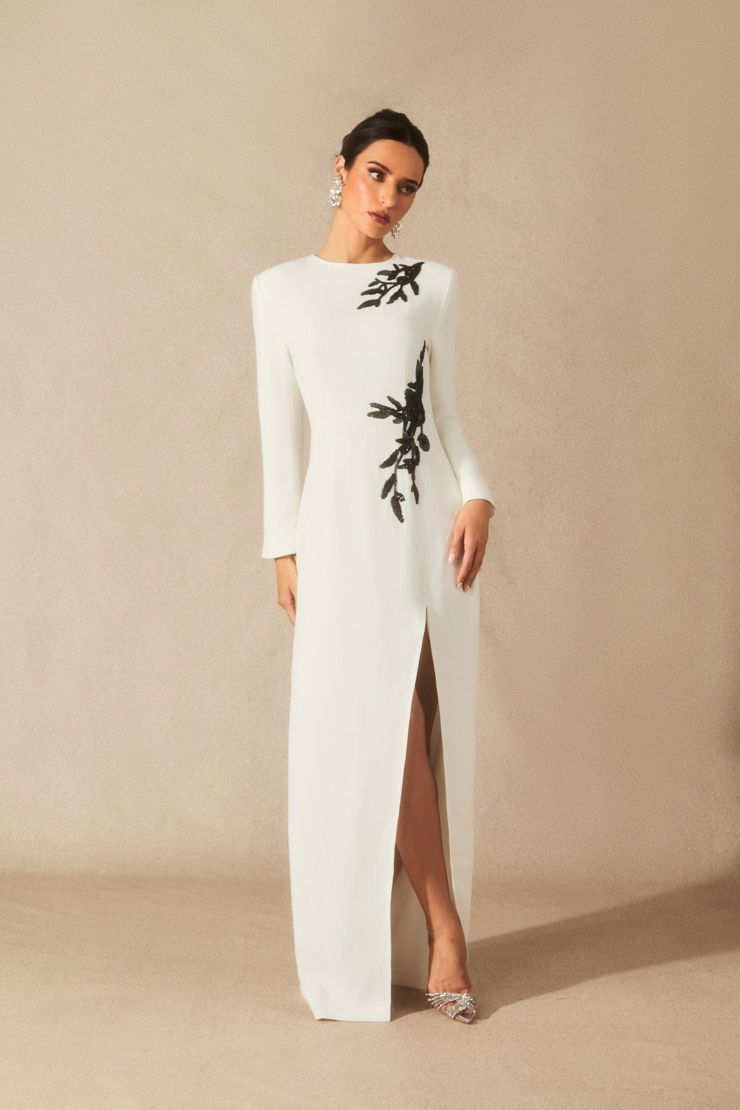 Rowan Stunning Long Sleeve Beaded Maxi Dress with Slit Detail
