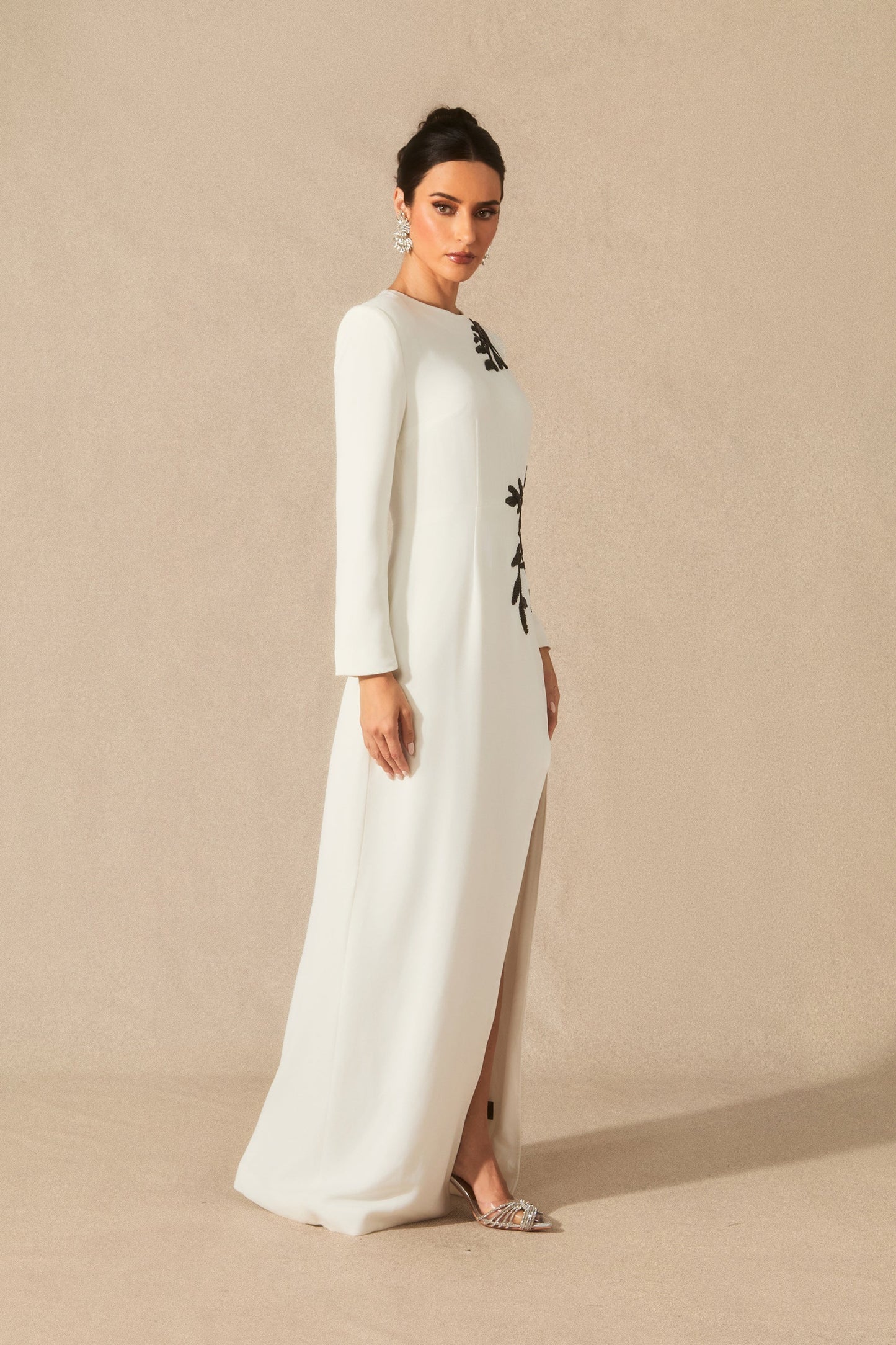 Rowan Stunning Long Sleeve Beaded Maxi Dress with Slit Detail