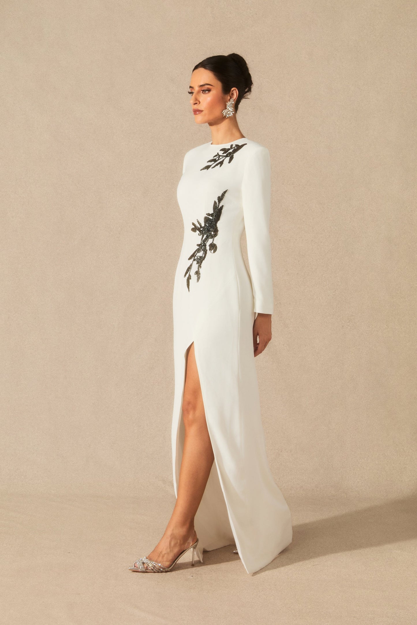 Rowan Stunning Long Sleeve Beaded Maxi Dress with Slit Detail