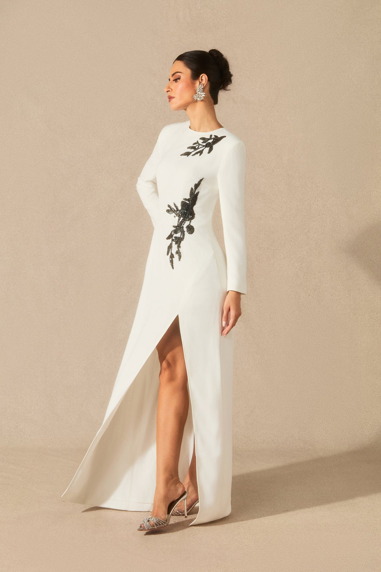 Rowan Stunning Long Sleeve Beaded Maxi Dress with Slit Detail
