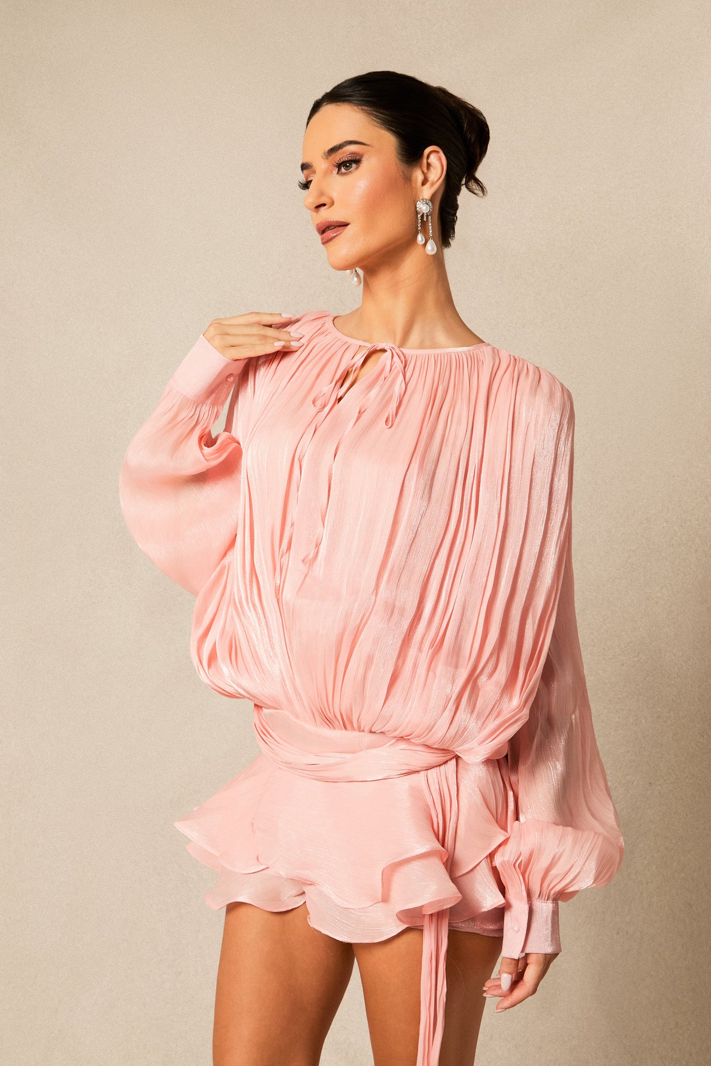 Macy Pink Pleated Ruffle Hem Mini Dress