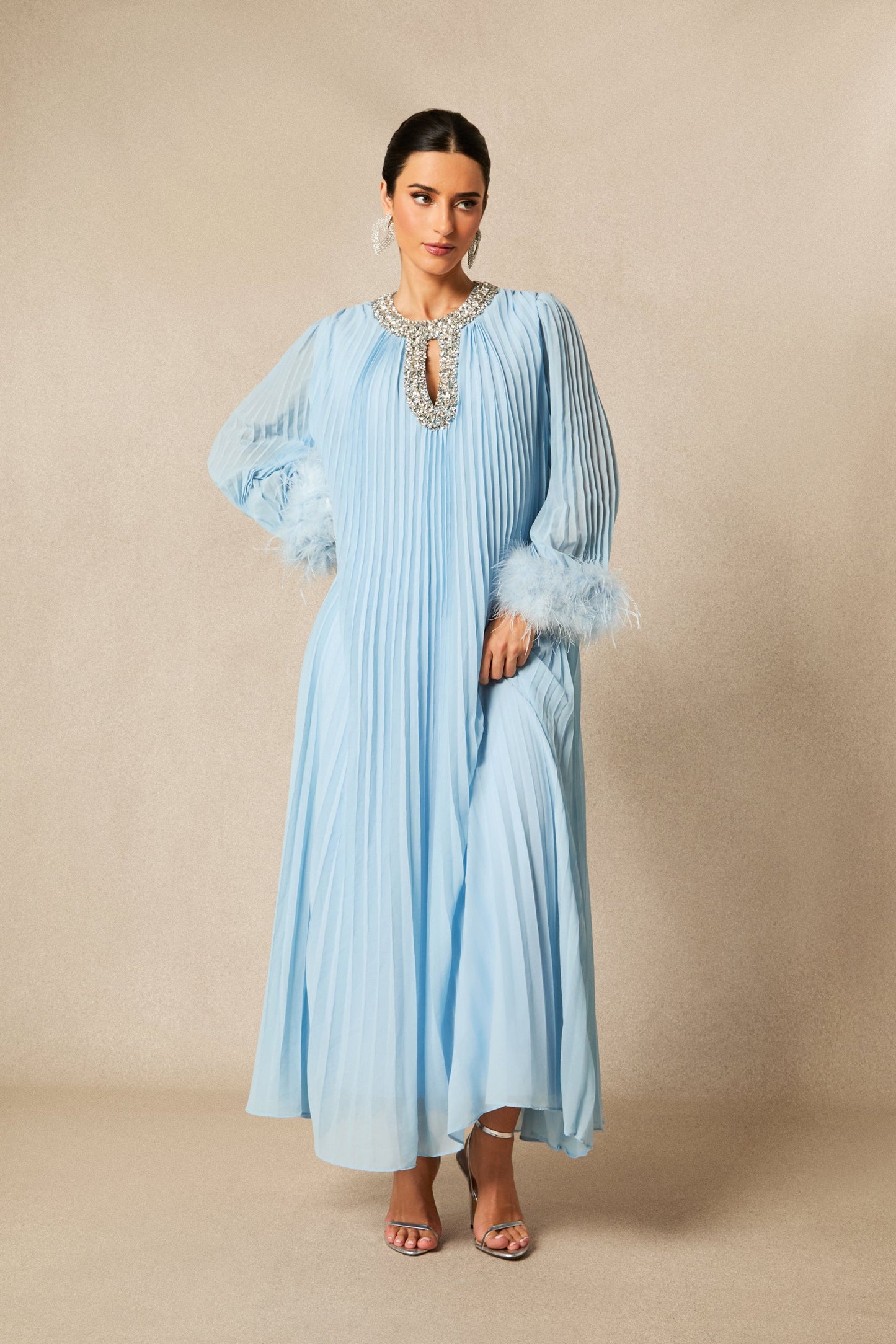 Joy Diamante Feathered Pleated Maxi Chiffon Dress