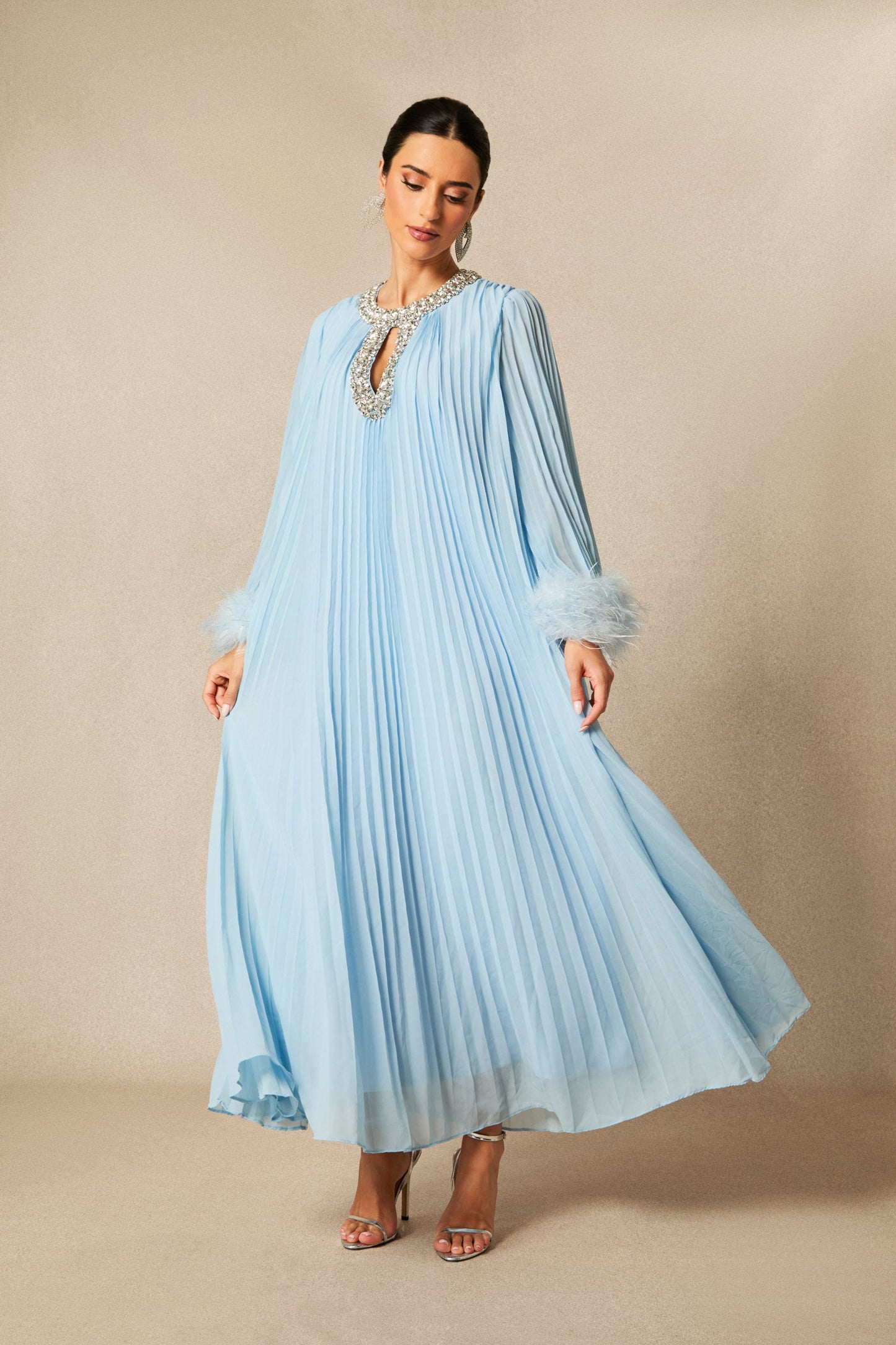 Joy Diamante Feathered Pleated Maxi Chiffon Dress